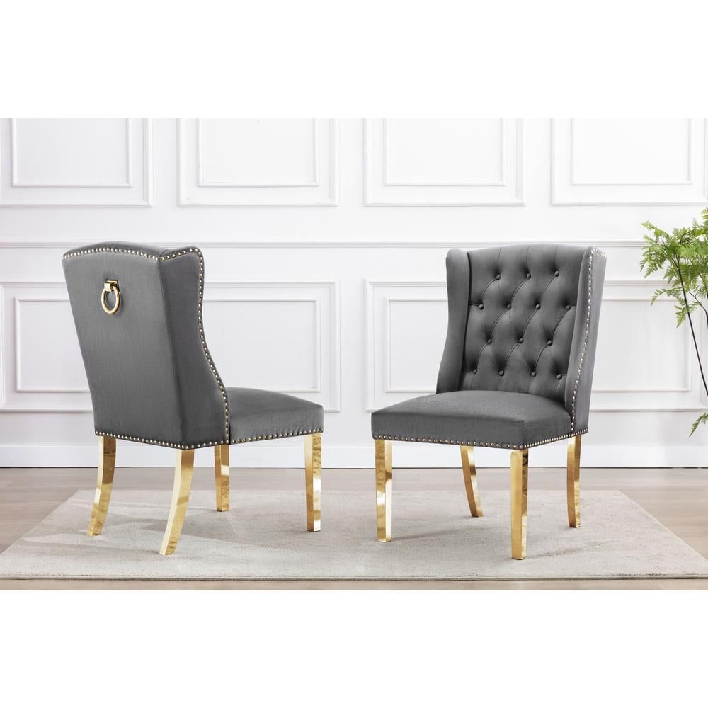 Gray Velvet Tufted Side Chair with Gold Stainless Steel Legs