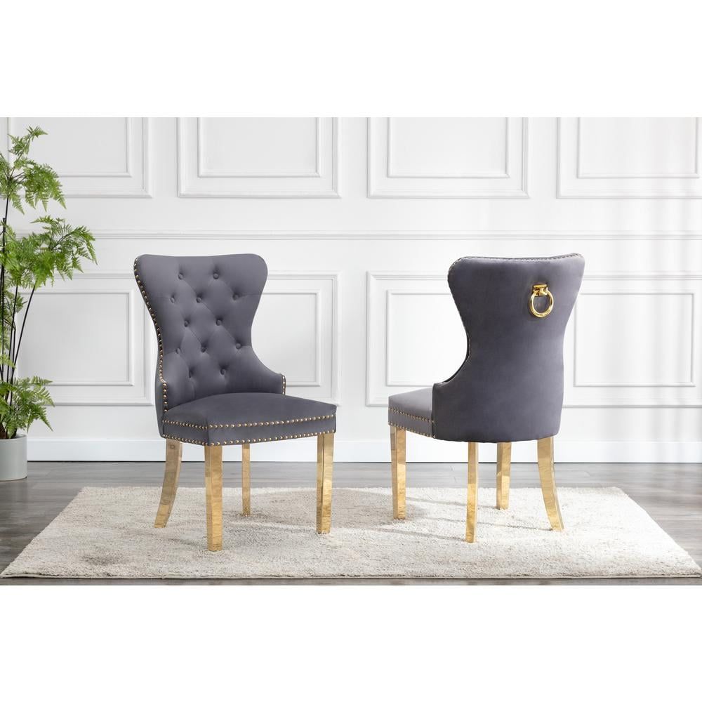 Elegant Dark Grey Velvet Tufted Side Chair with Gold Metal Legs