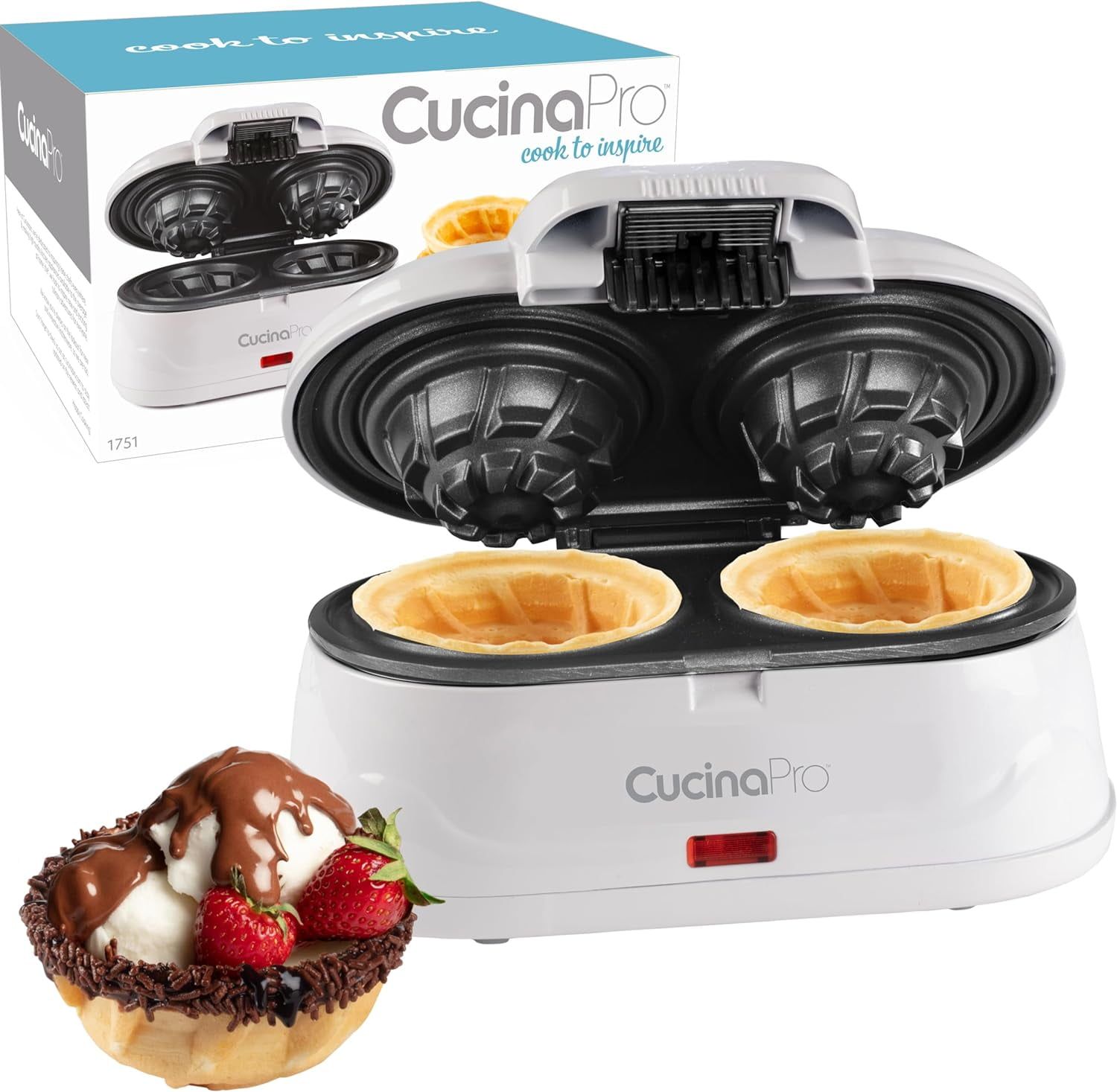 White Nonstick Double Waffle Bowl Maker with Recipe Booklet