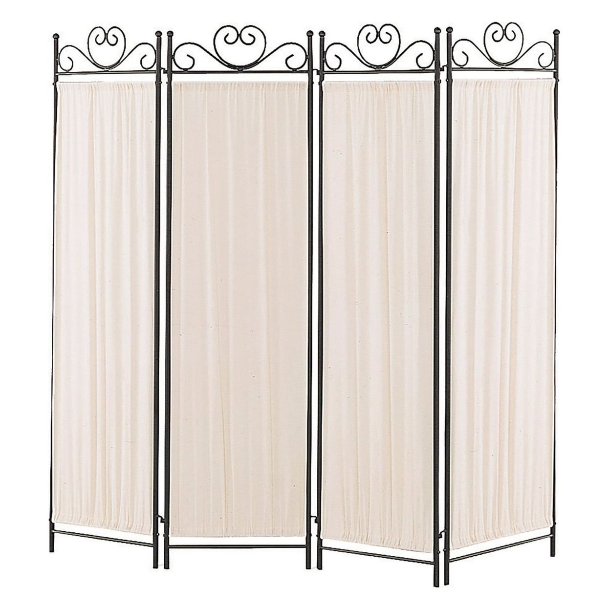 Beige and Black 4-Panel Metal Folding Screen with Fabric Panels