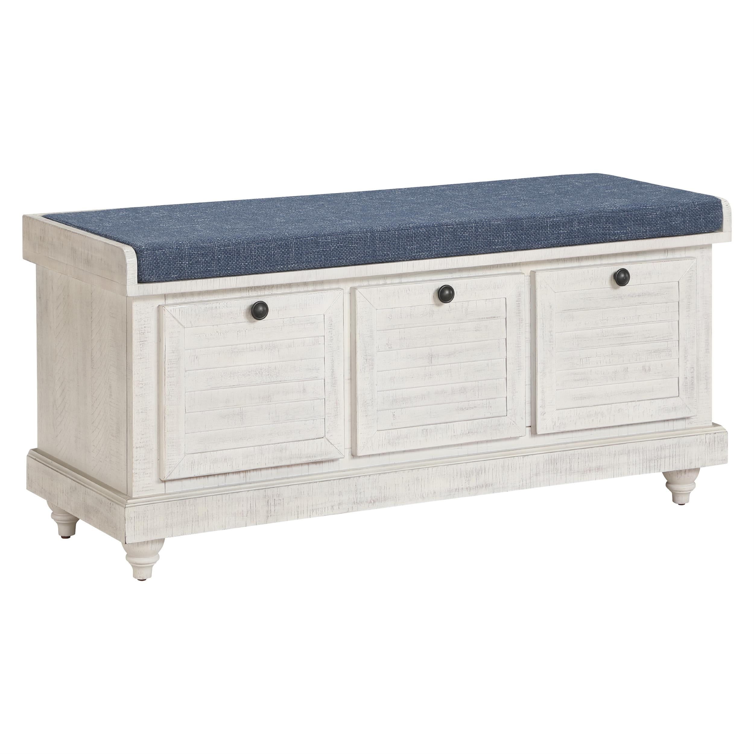 Dover Distressed White Wood Storage Bench with Navy Cushion