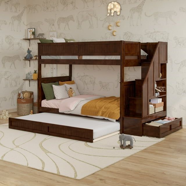 Walnut Twin Over Twin Bunk Bed with Storage Drawer and Trundle
