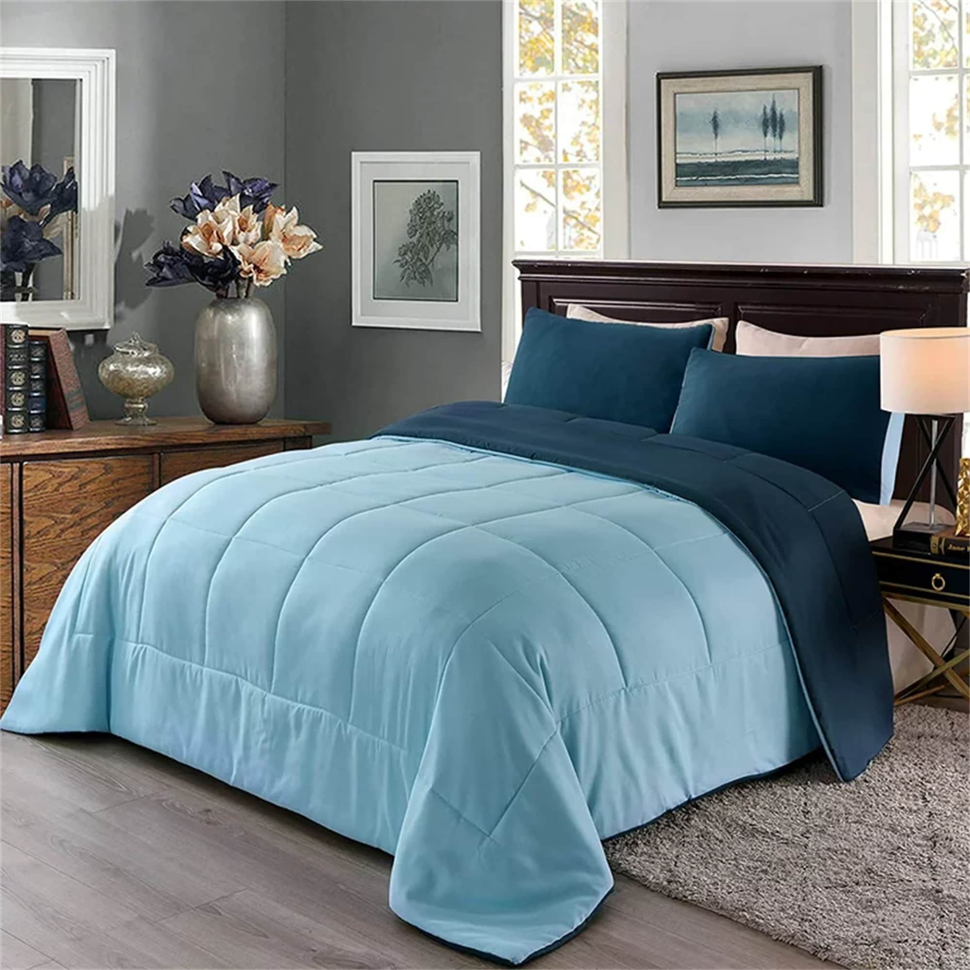 Queen Navy Blue Reversible Down Alternative Microfiber Comforter Set