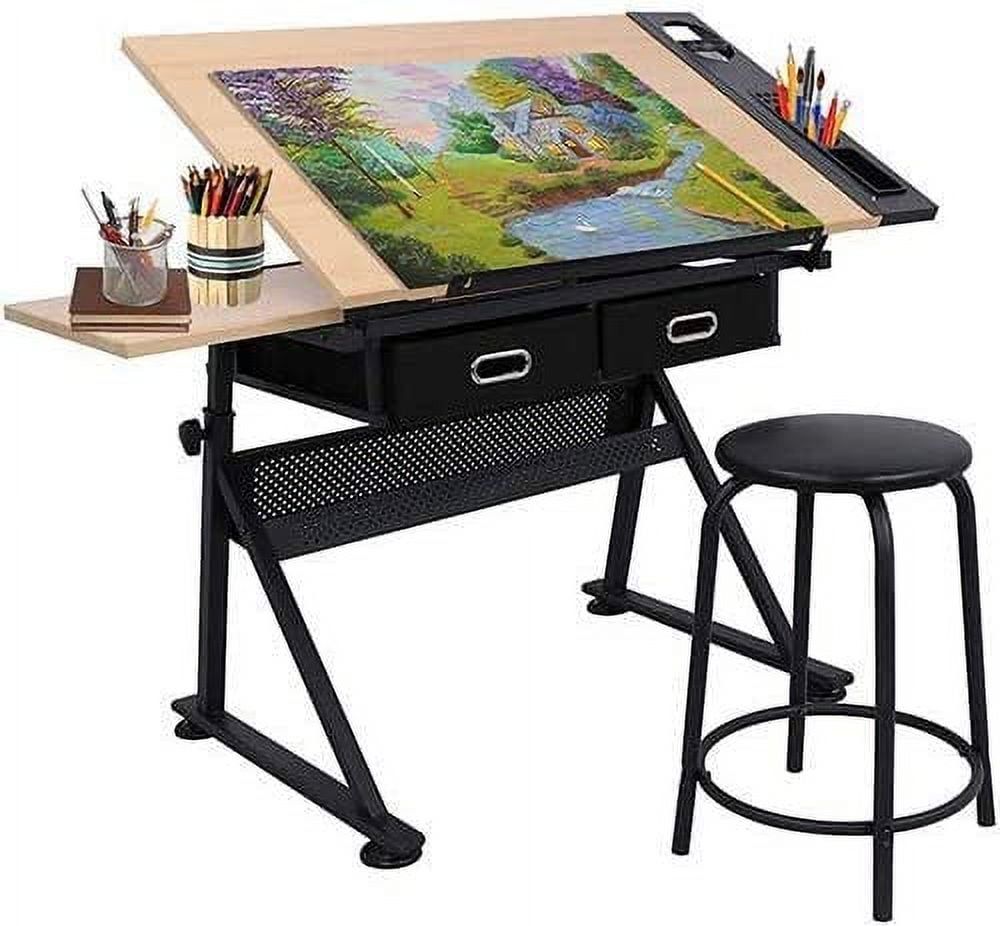 Natural Adjustable Drafting Table with Stool and Storage Drawers