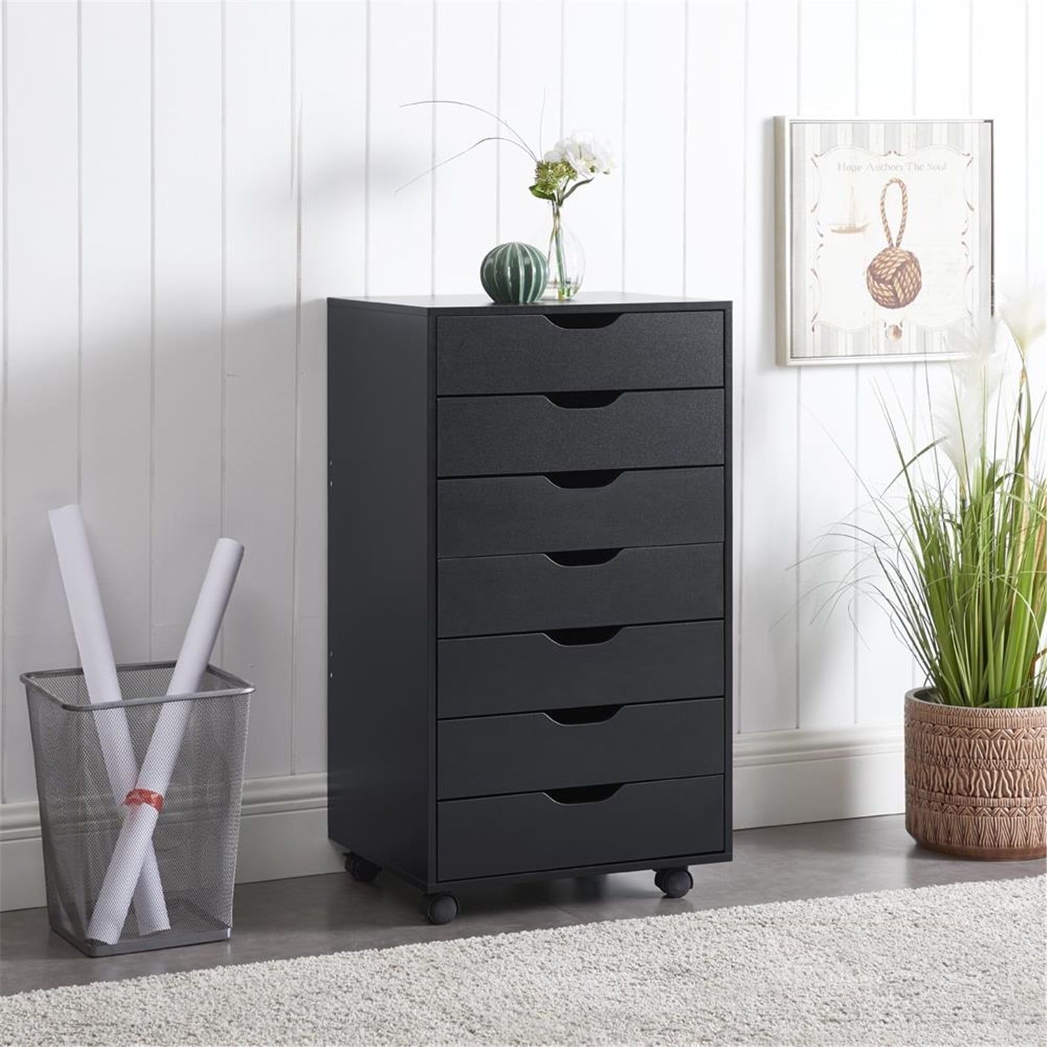 Black Tall 7-Drawer Dresser with Casters