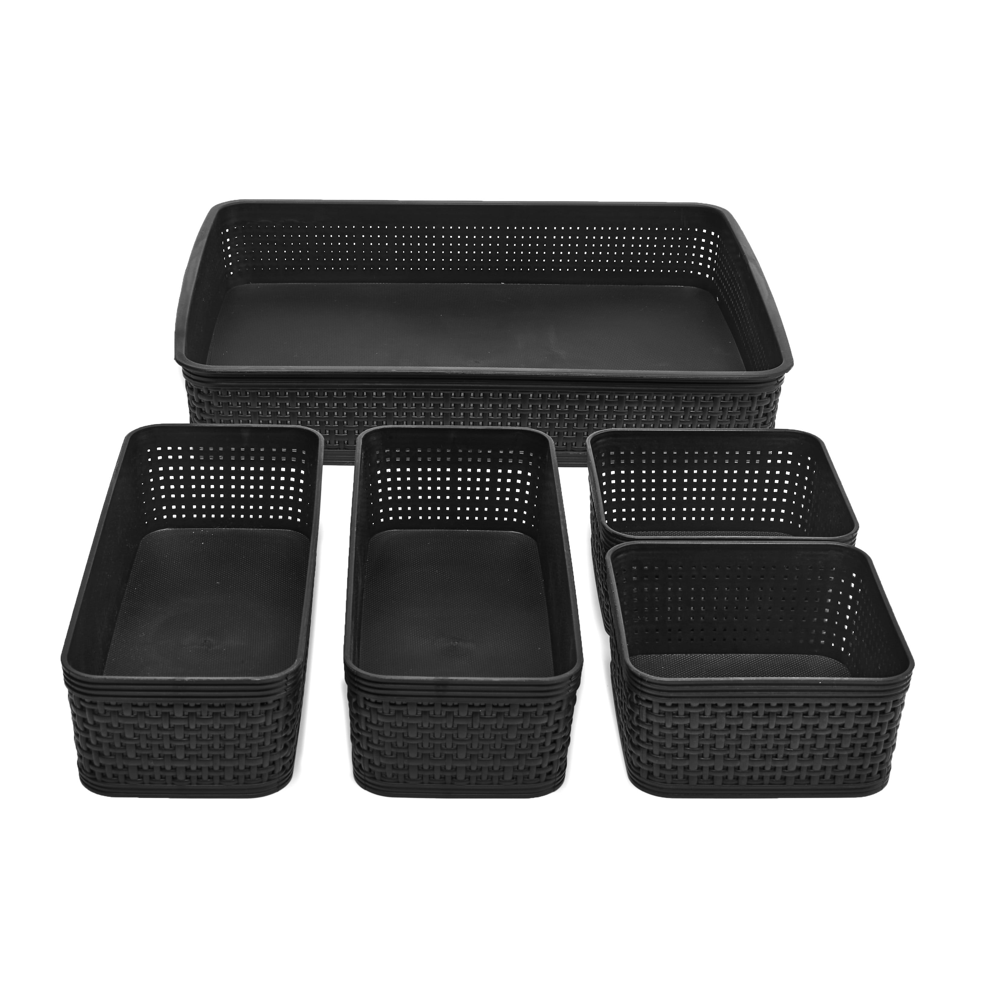 Black 5-Piece Drawer Organizer Set in Various Sizes