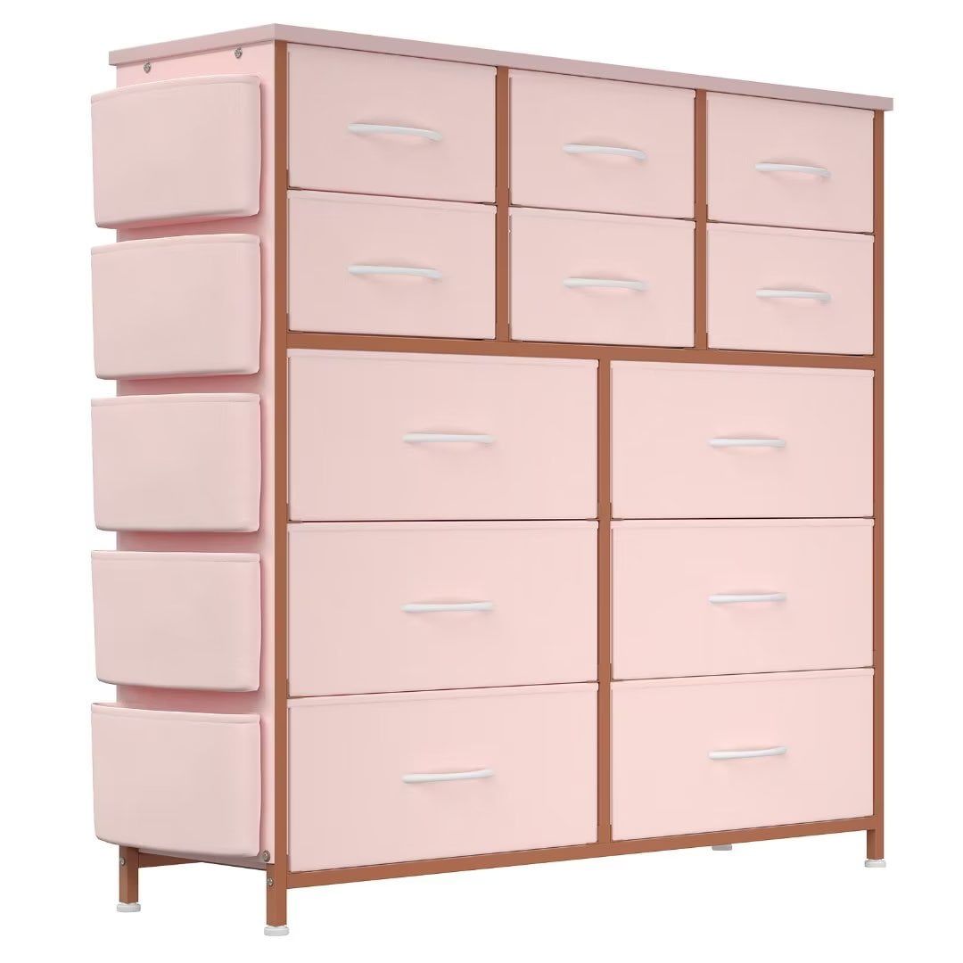 Pink Fabric and Metal 12-Drawer Nursery Dresser with Medium Wood Frame