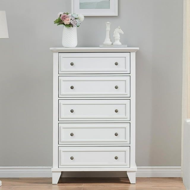 White Tall 5-Drawer Dresser with Deep Storage