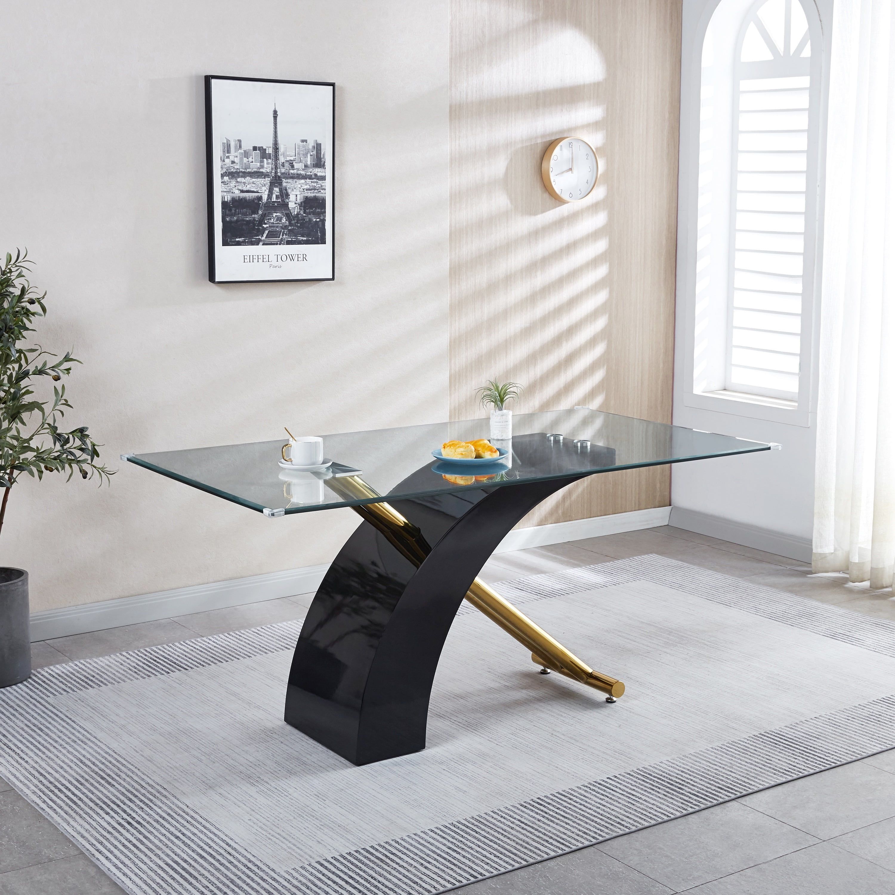 Modern Black and Gold Glass Dining Table with Curved Base