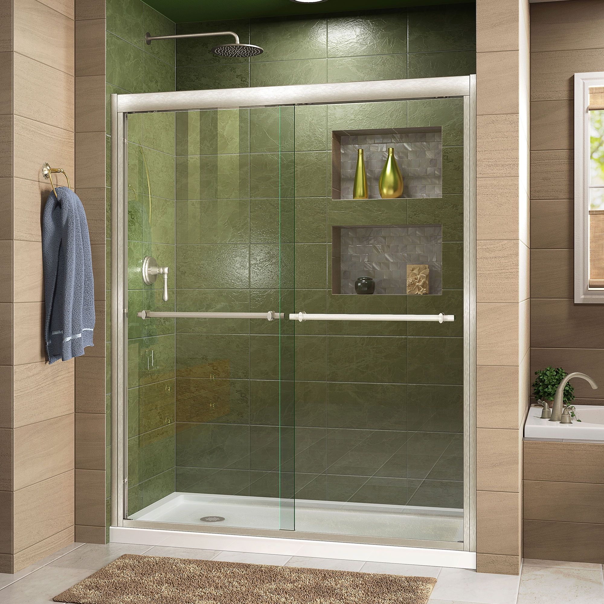 Duet 60" x 36" Frameless Clear Glass Sliding Shower Kit in Brushed Nickel
