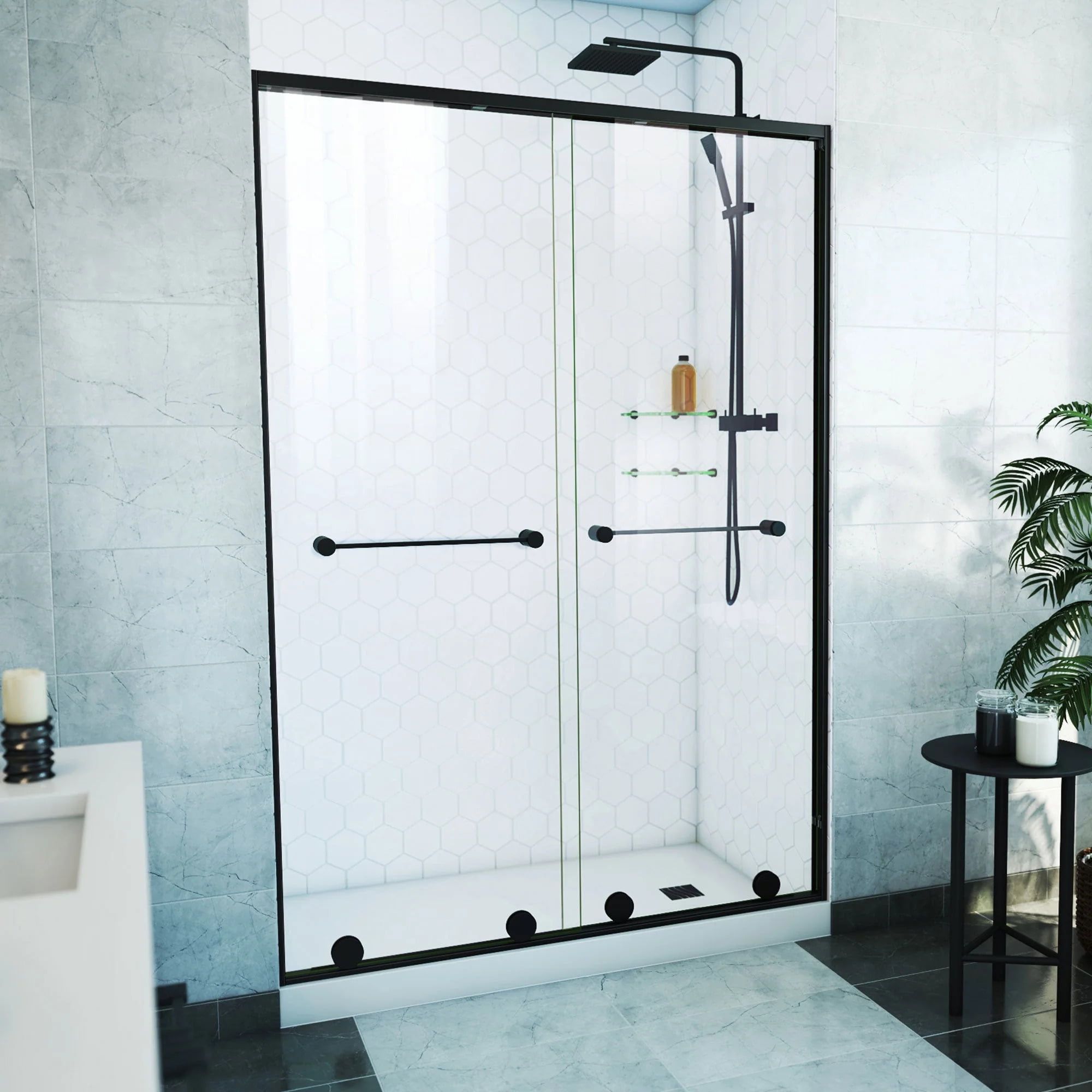 Harmony 54'' Satin Black and Clear Glass Frameless Shower Door