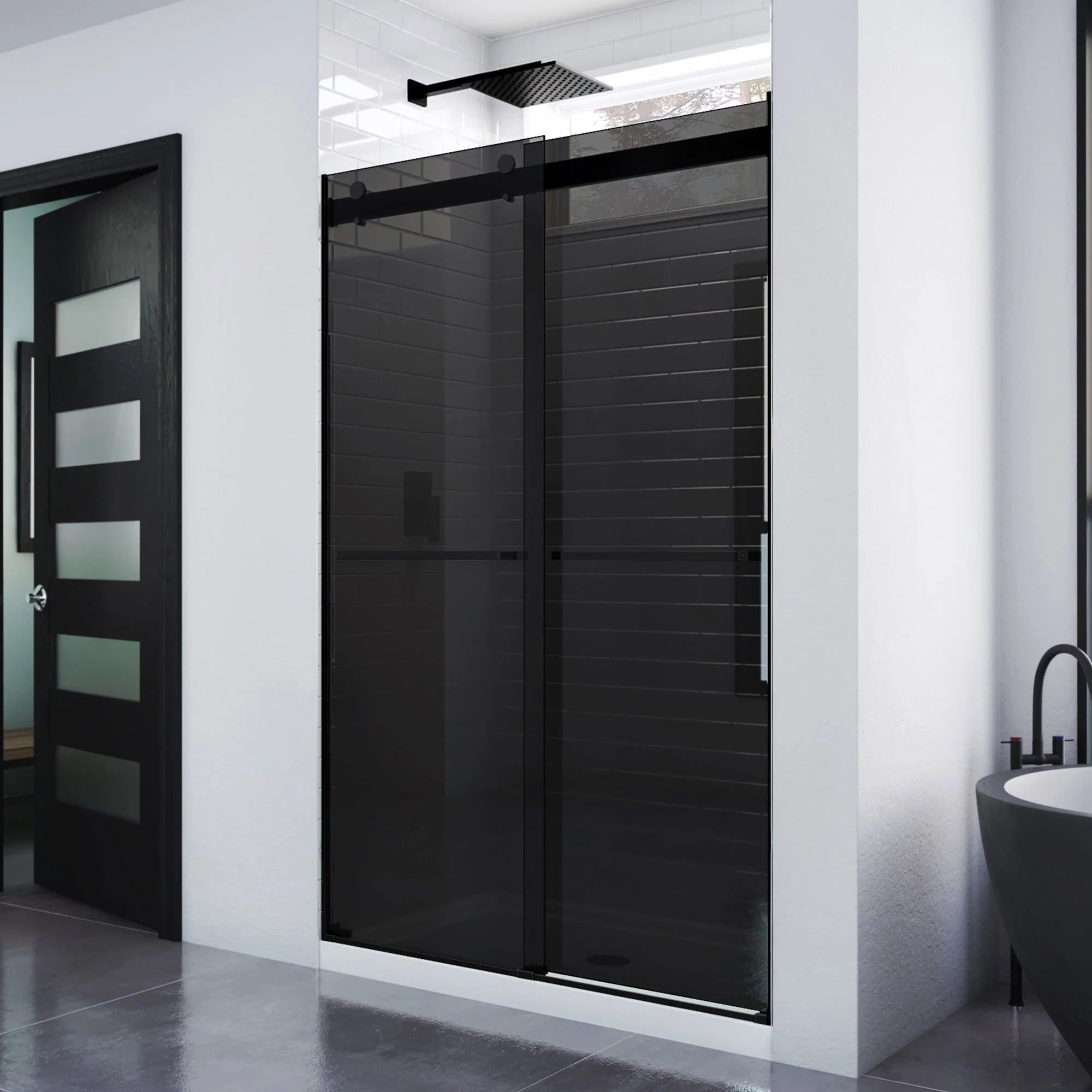 Essence Matte Black Frameless Sliding Shower Door with Smoke Gray Glass