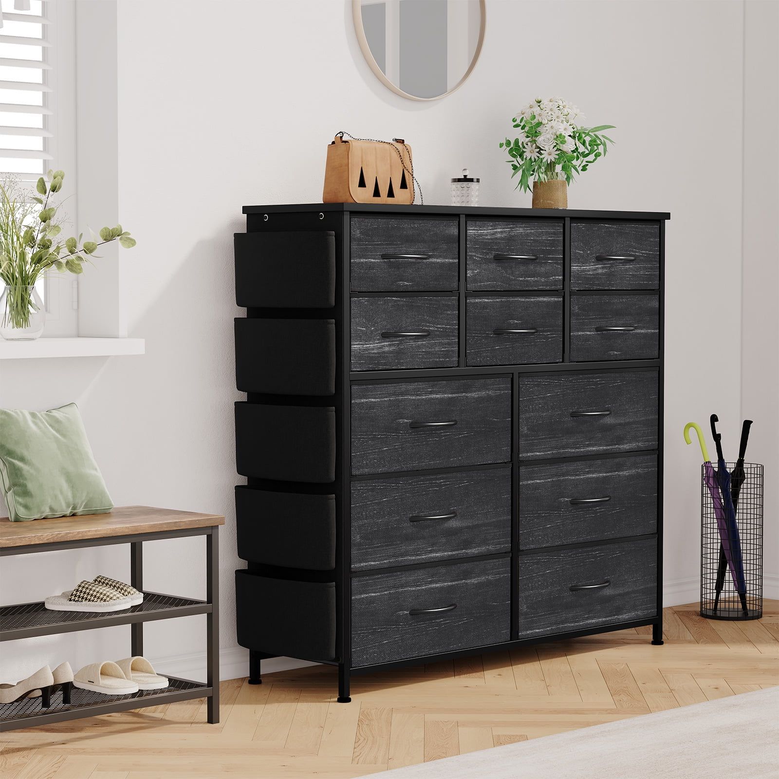 Charcoal Black 12-Drawer Fabric Dresser with Metal Frame