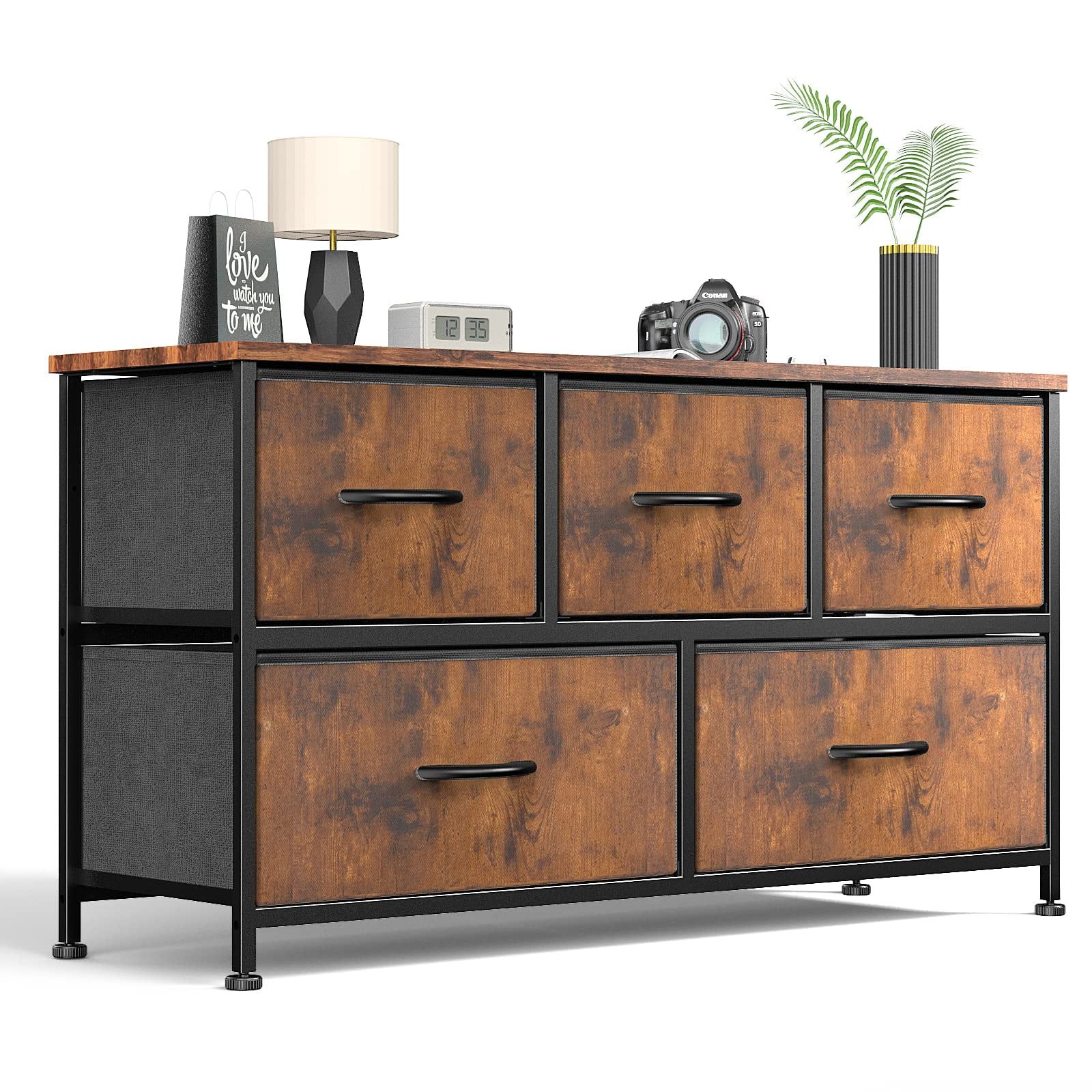 Brown 5-Drawer Fabric and Wood Freestanding Dresser