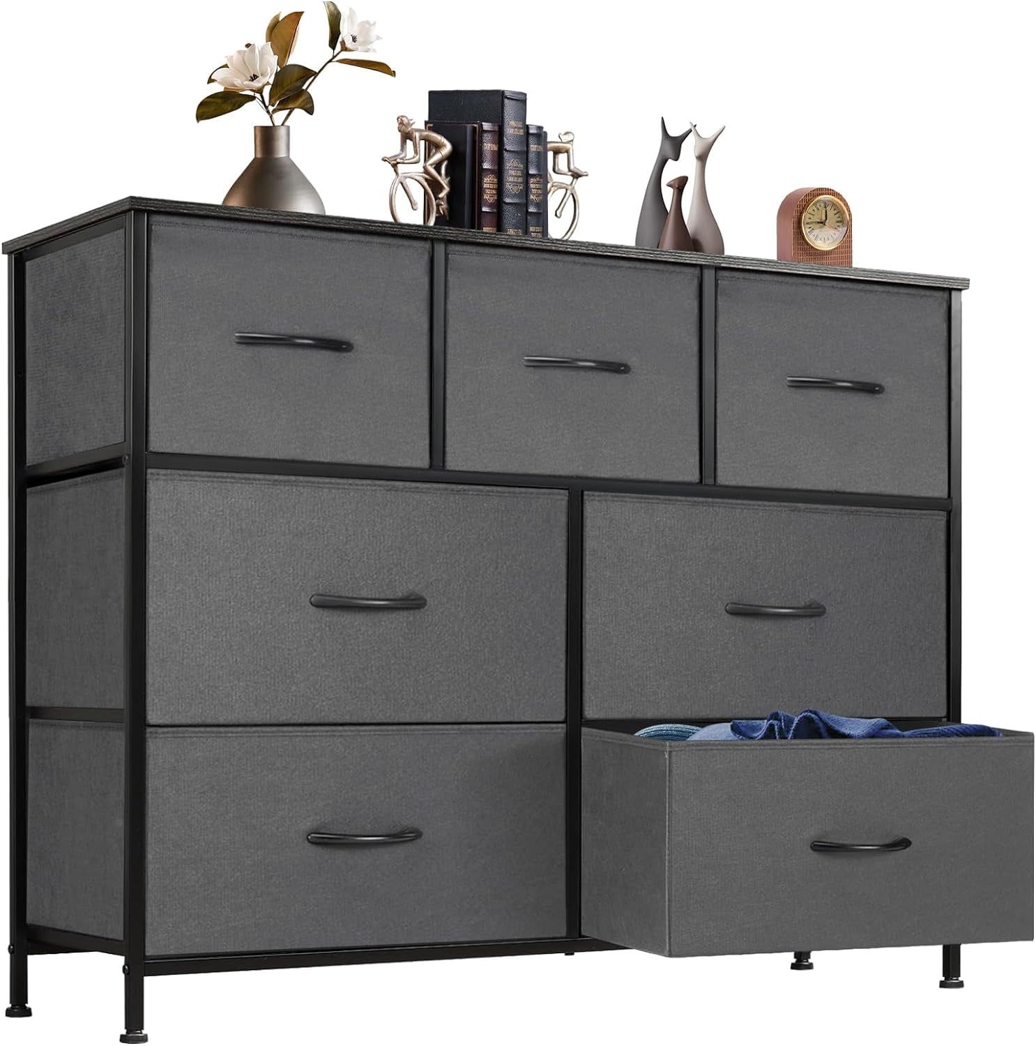 Dark Grey Fabric 7-Drawer Nursery Dresser with Metal Frame