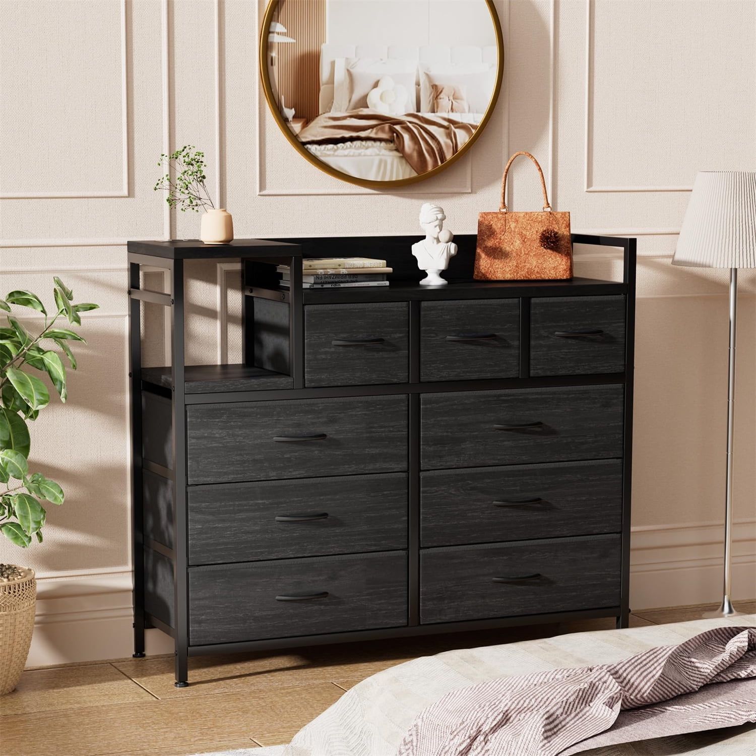 Black 9-Drawer Dresser TV Stand with Charging Station