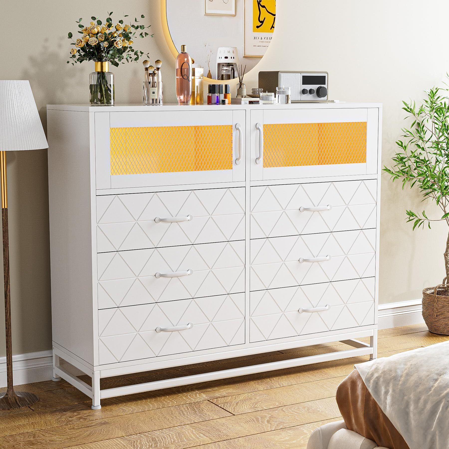 White Modern Wooden 6-Drawer Dresser with LED Lights and Charging Station