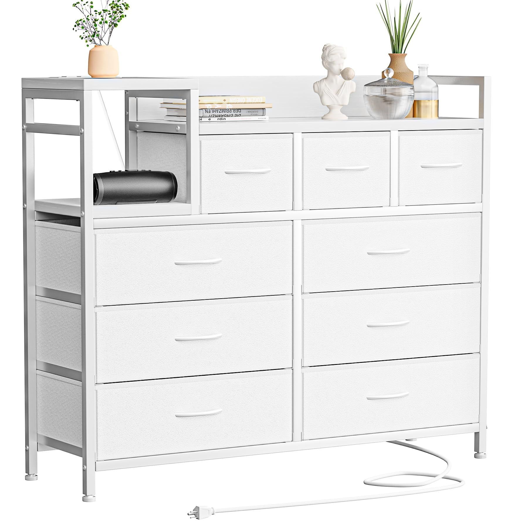 White Fabric 9-Drawer Dresser TV Stand with Power Outlet