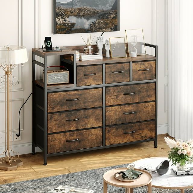 Brown Steel Frame TV Stand Dresser with 9 Drawers