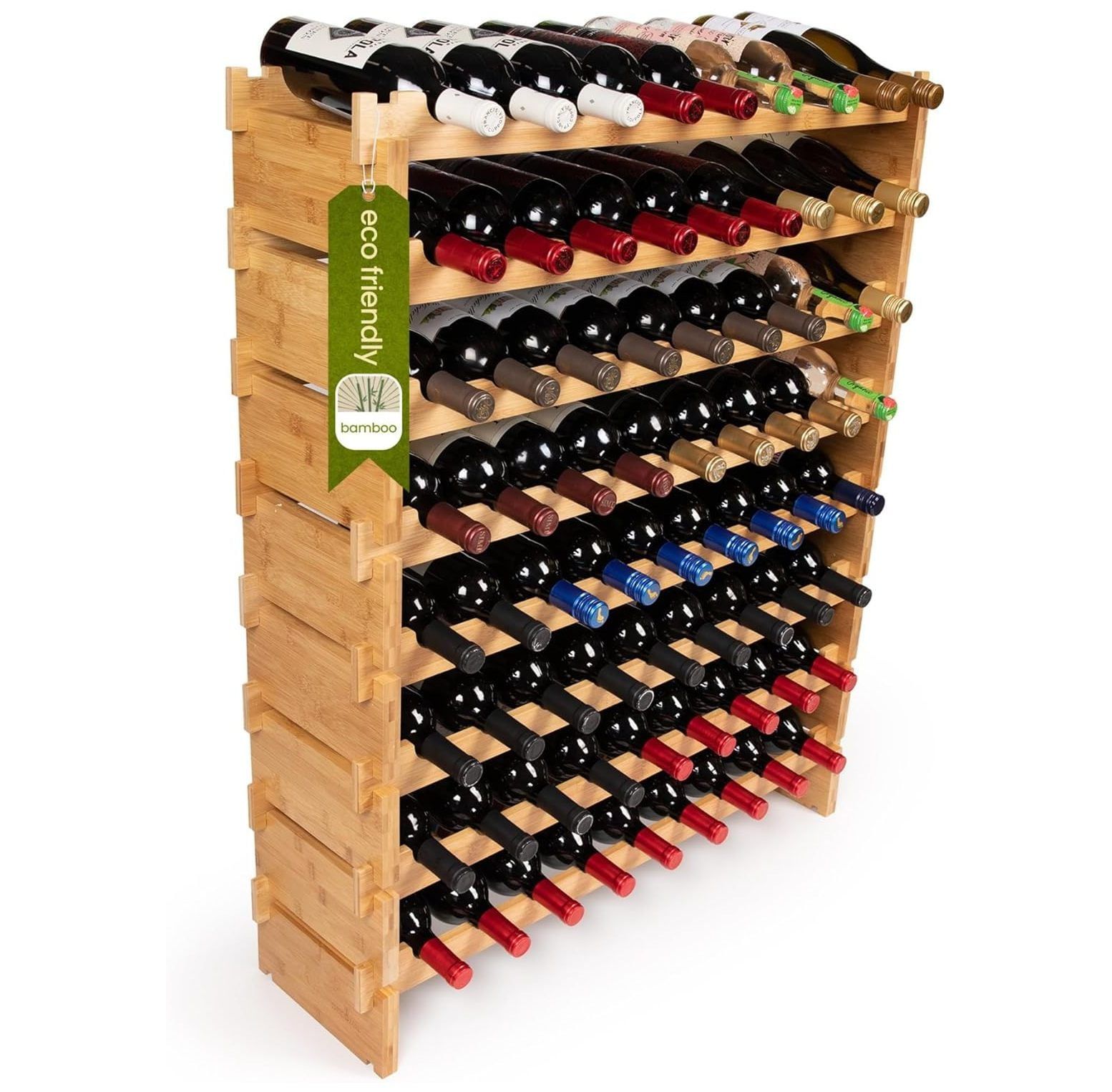 Eight-Tier Natural Bamboo 72-Bottle Modular Wine Rack