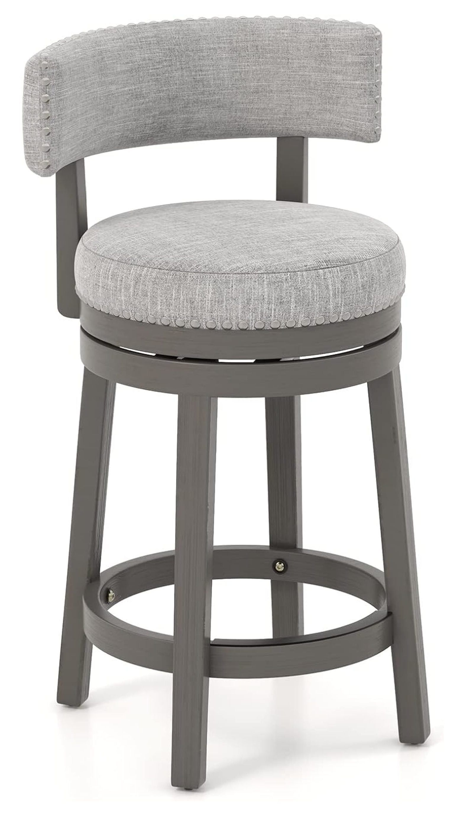 Gray Upholstered Low Back Swivel Counter Stool with Wood Legs