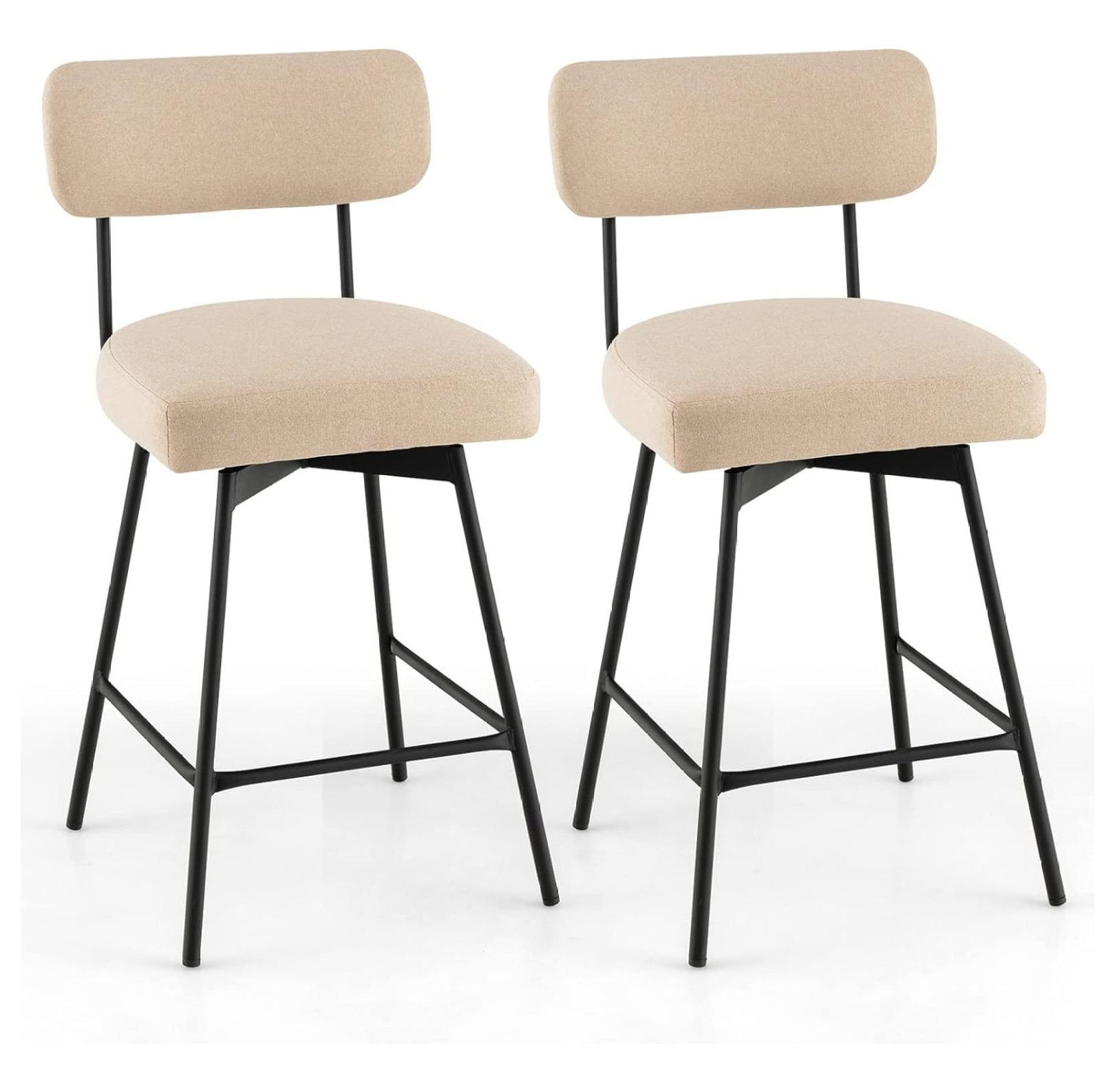 Beige Upholstered Swivel Counter Stools with Metal Legs, Set of 2