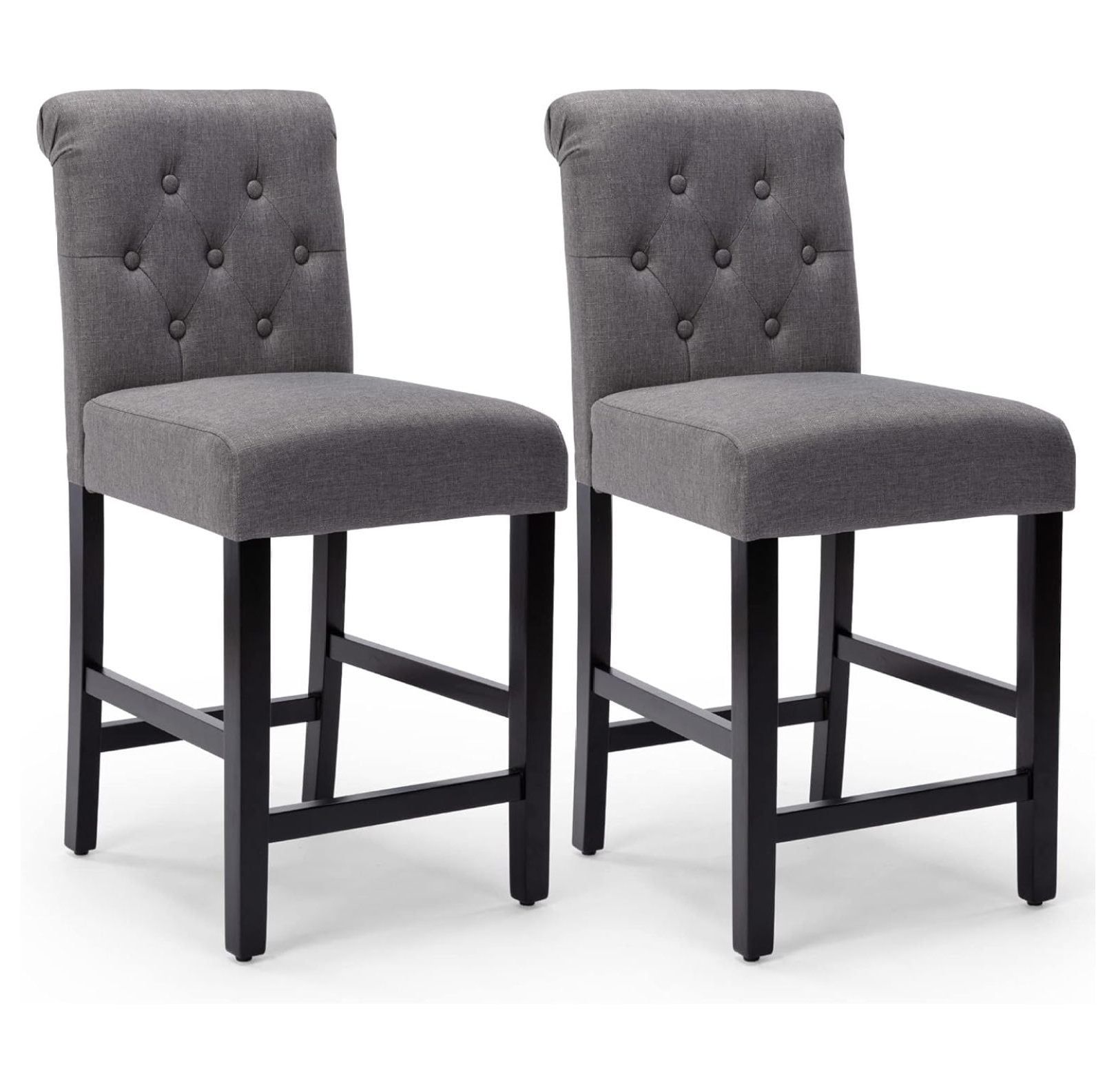 Gray Upholstered Tufted 24-Inch Bar Stools with Wood Legs, Set of 2