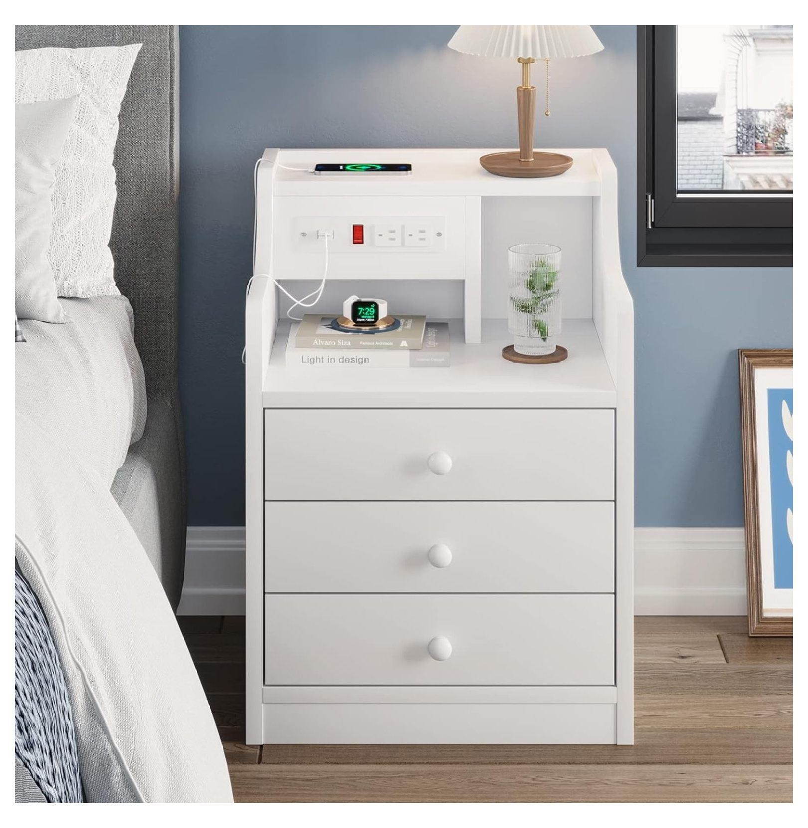 White 3-Drawer Nightstand with USB Ports and Outlets