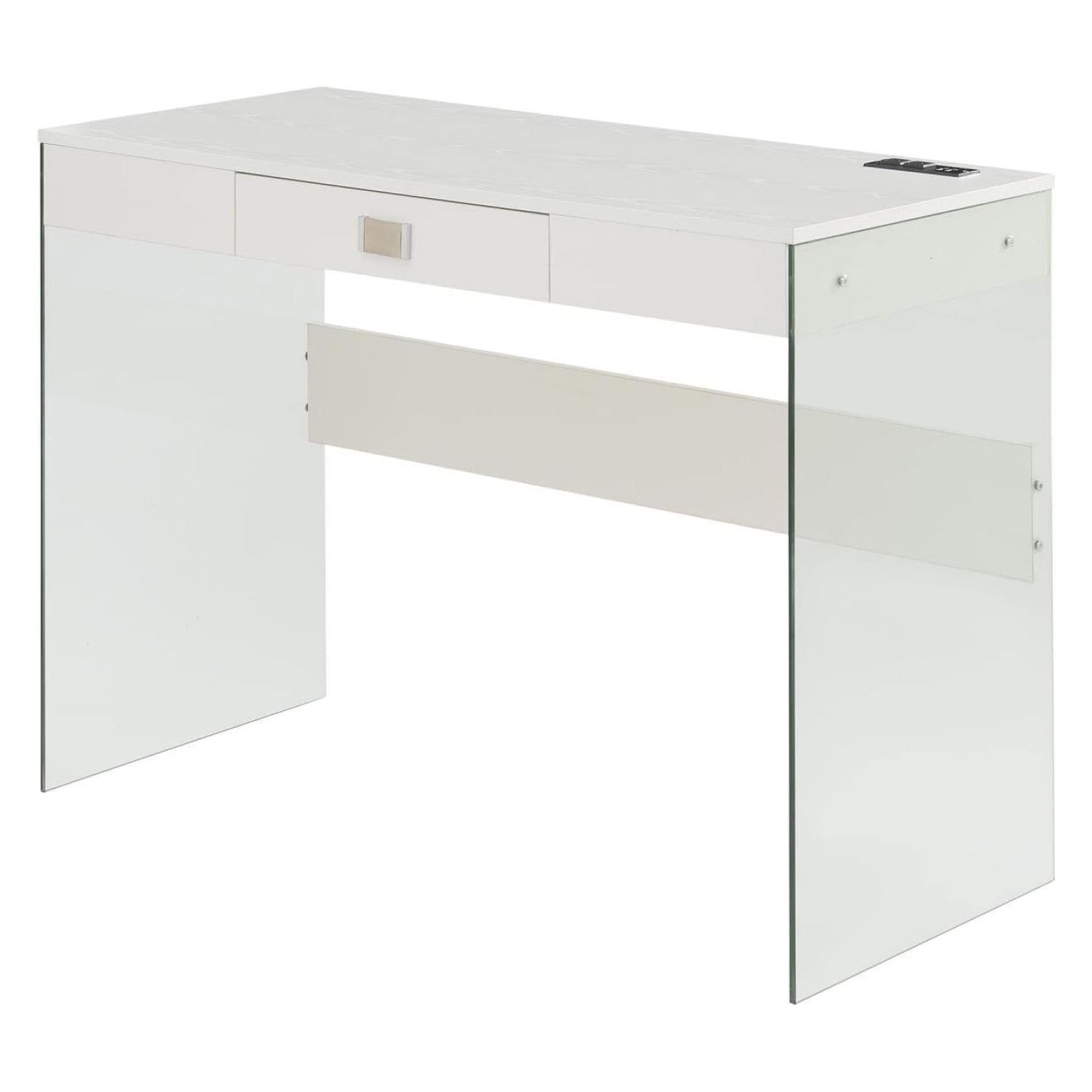 White Glass Desk with Drawer and USB Port, 42"