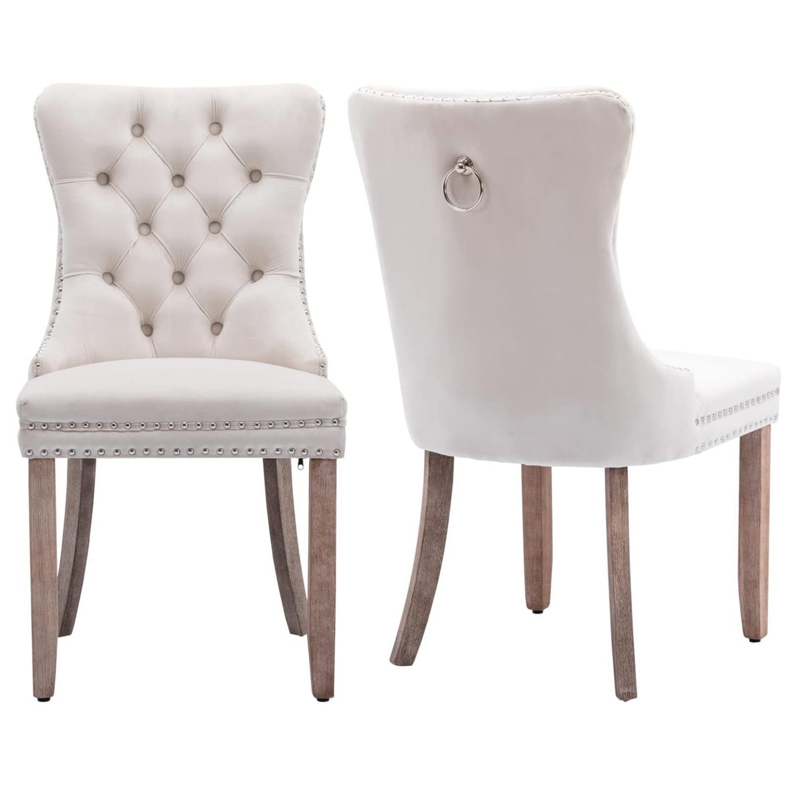 Beige Velvet Upholstered High Back Side Chairs with Wood Legs