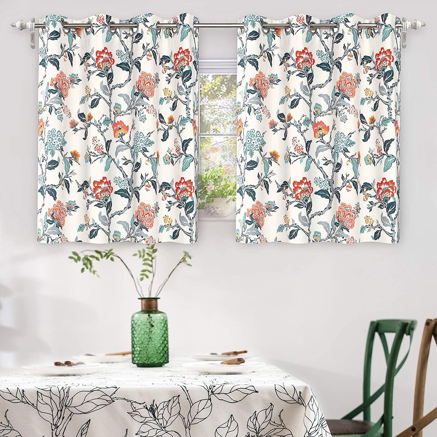 Ivory Orange Teal Floral Room Darkening Grommet Curtains, 52" x 36"