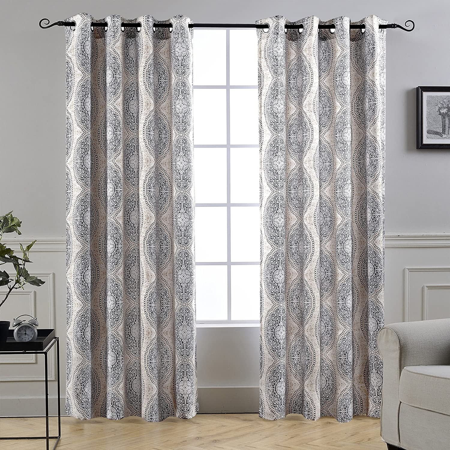 Beige and Gray Damask Room Darkening Grommet Curtains, 84"