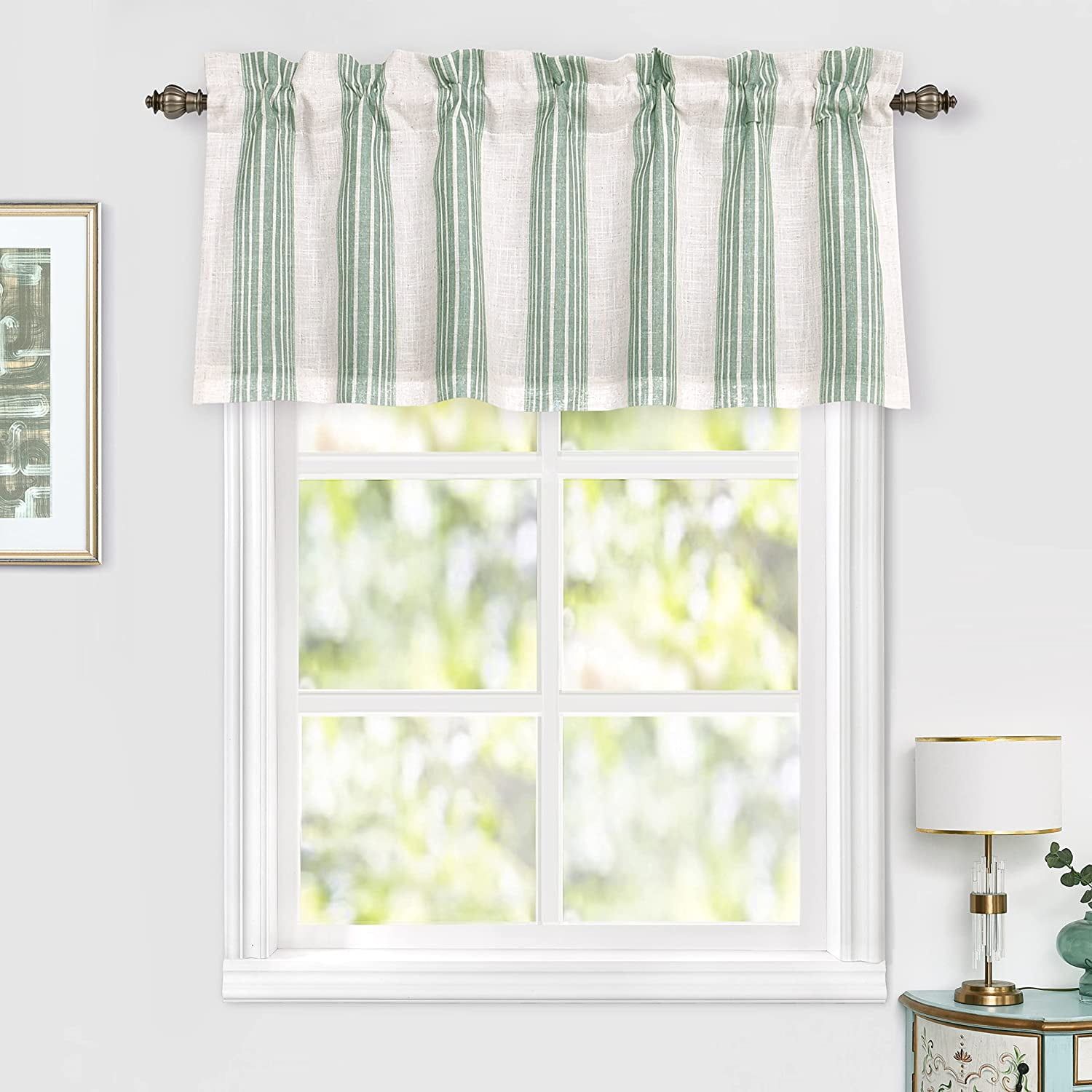 DriftAway  Chris Vertical Striped Pattern Linen Textured Blackout Window Curtain Valance Green 52" width x 18 " length