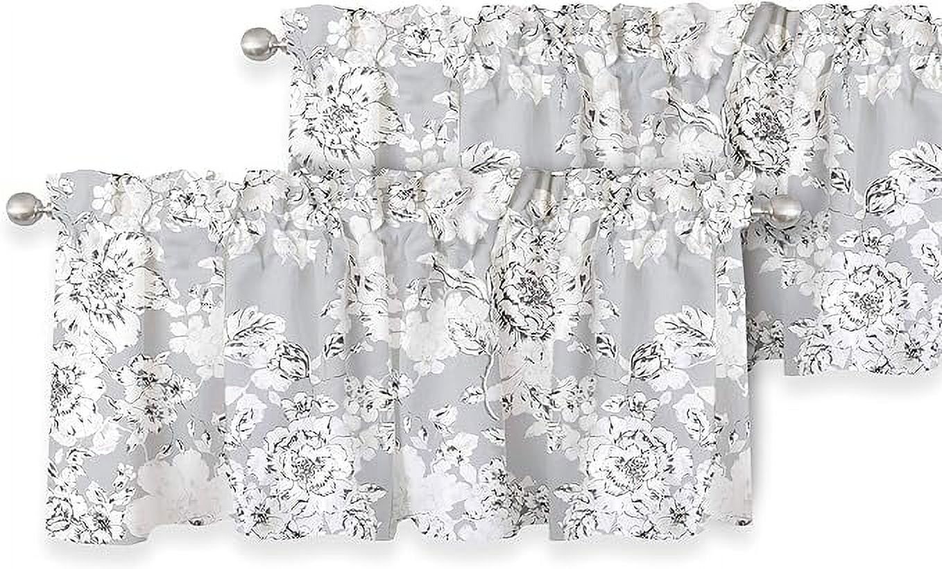 Gray and White Floral Pencil Sketch Rod Pocket Valance