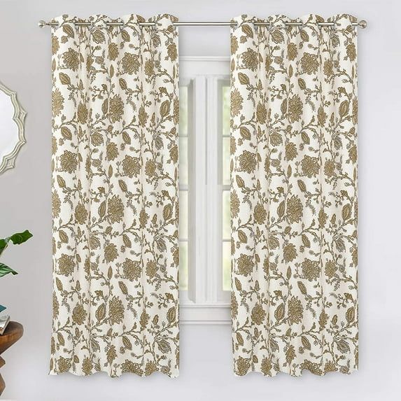 Taupe Linen Floral Blackout Grommet Curtains, 52" x 63"