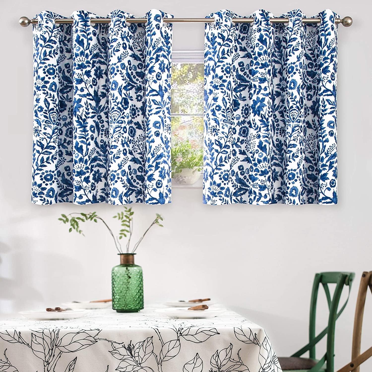 Navy Blue Floral Blackout Grommet Window Panels, 36" x 52"