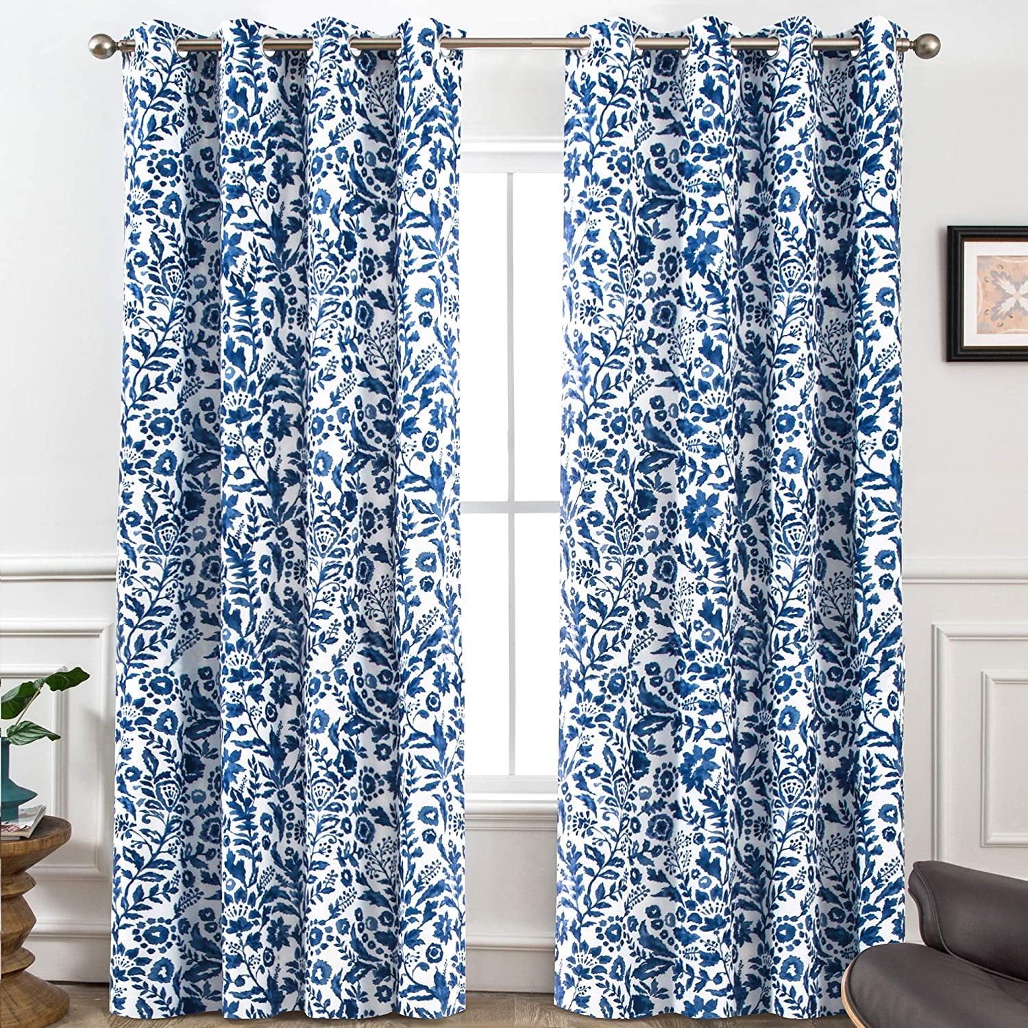 Navy Blue Floral Blackout Linen Grommet Window Panels, 96" x 52"