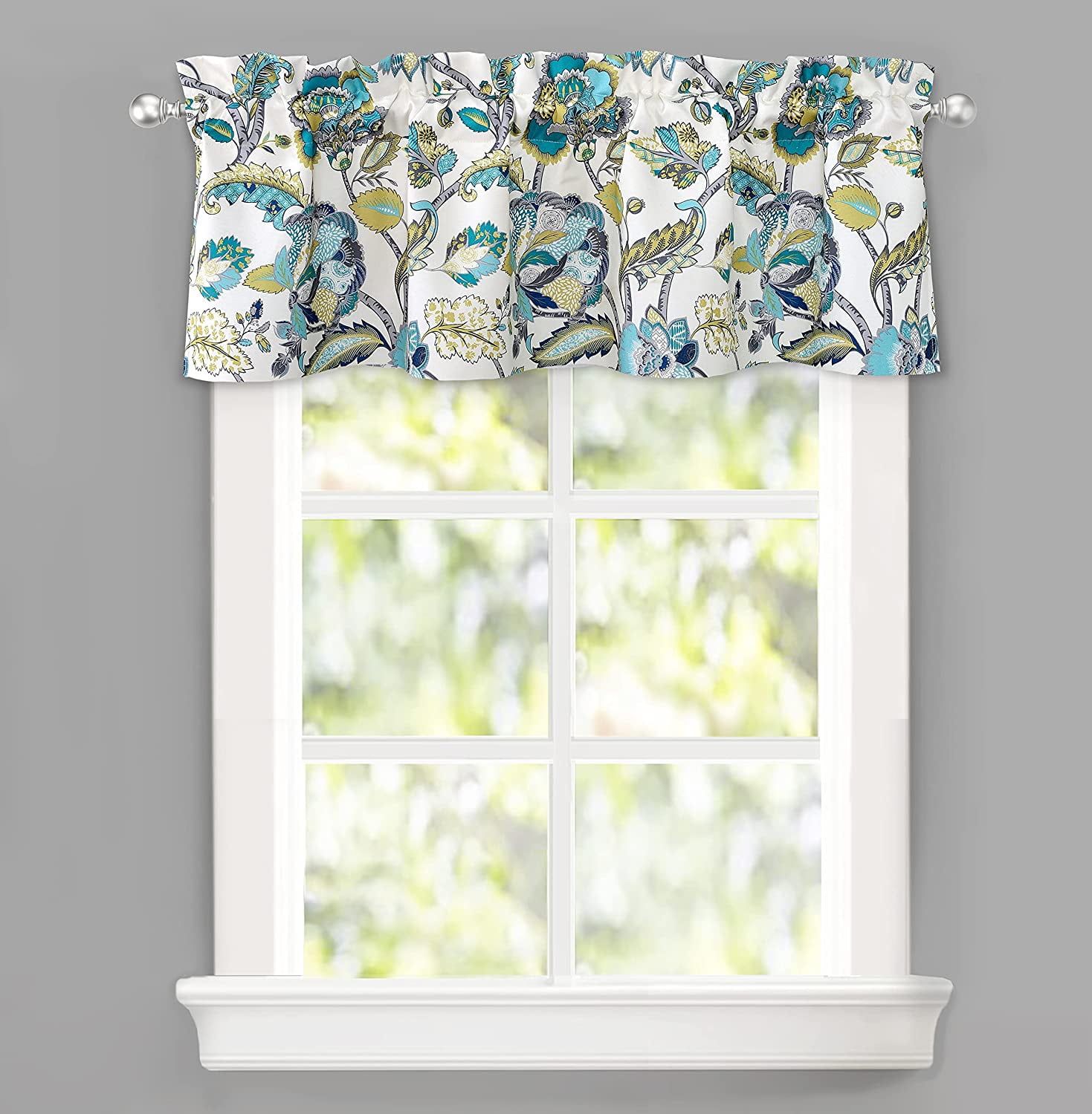 Layla Teal and Gray Floral Room Darkening Valance, 52" x 14"