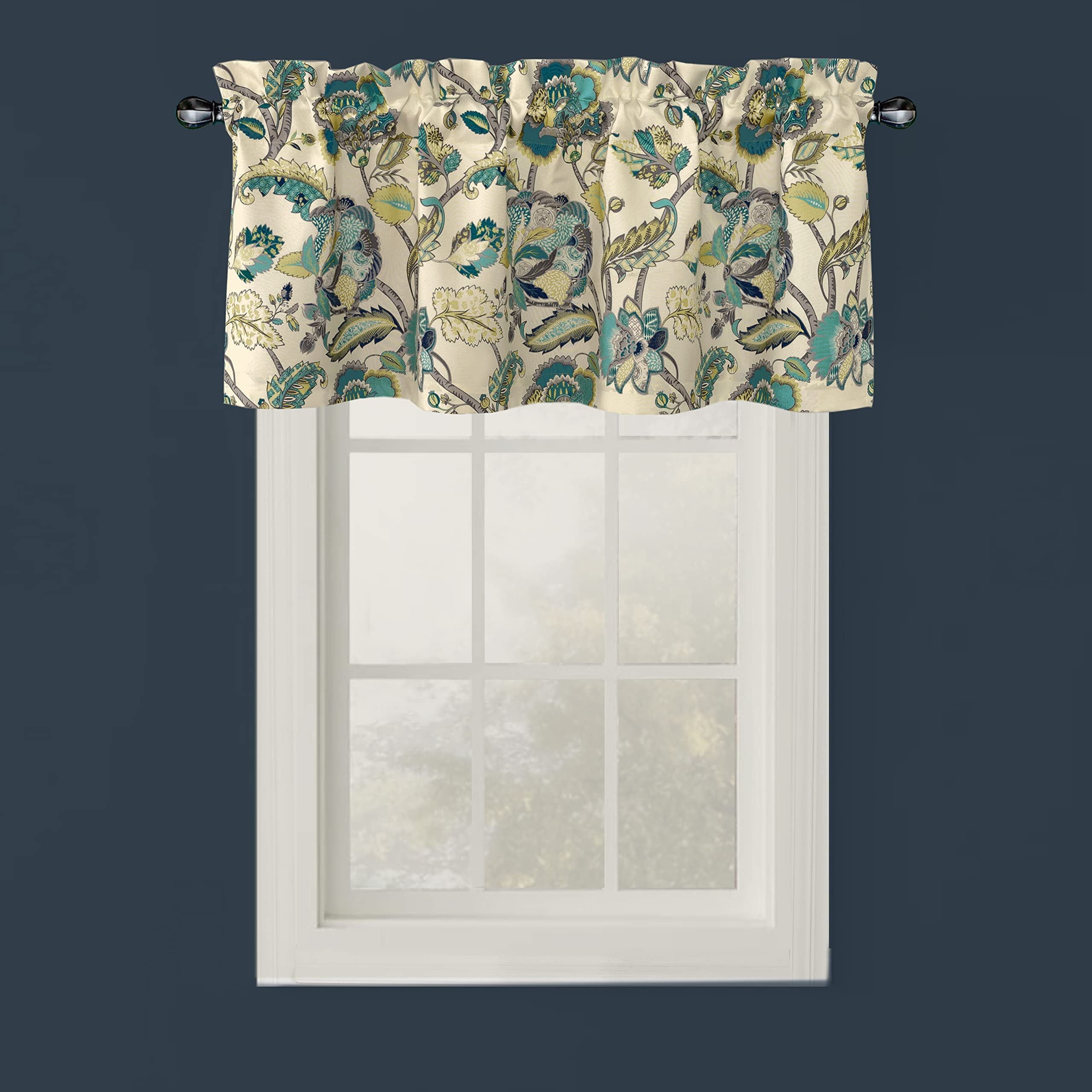 Eggshell Turquoise Gray Floral Rod Pocket Valance, 52"x18"