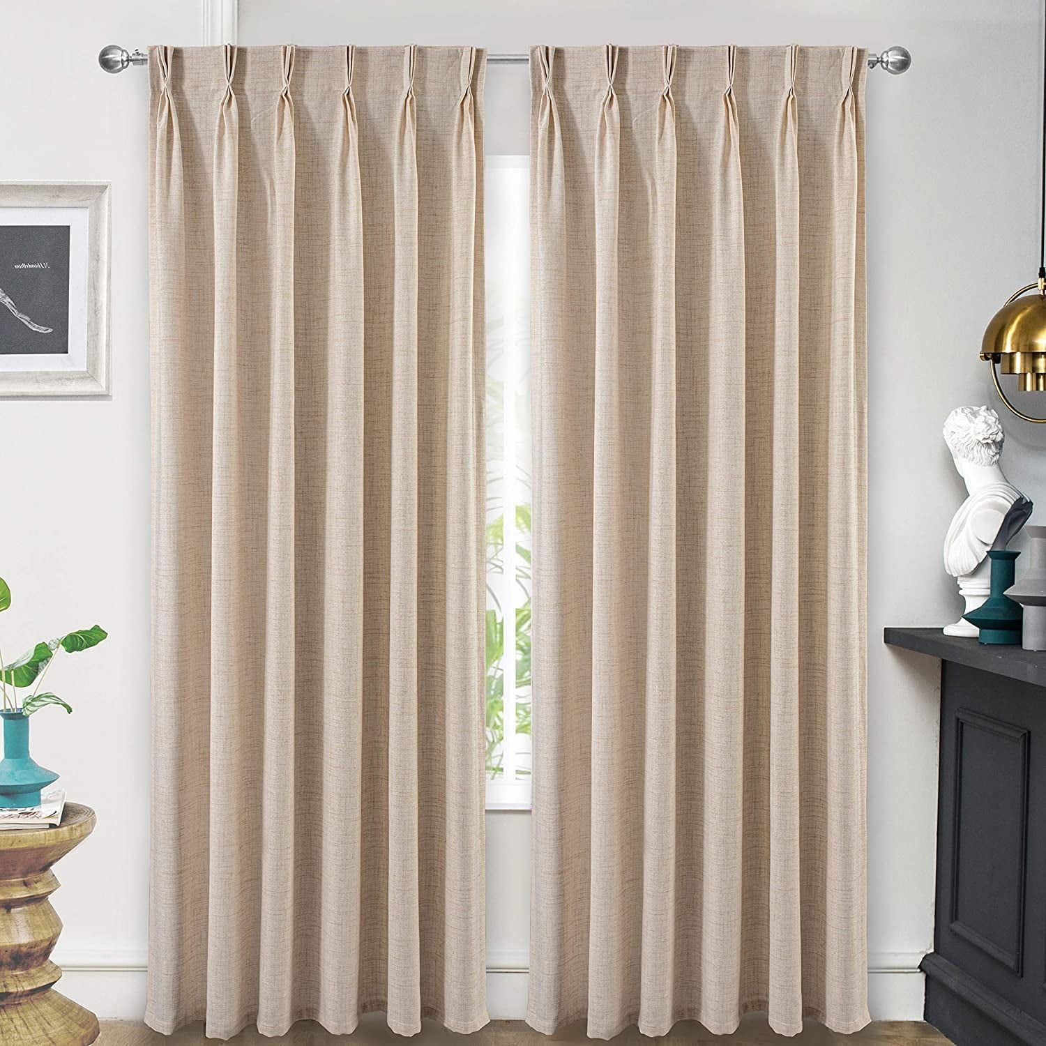 Beige Linen Semi Sheer Pinch Pleat Curtain Panels 50" x 84"