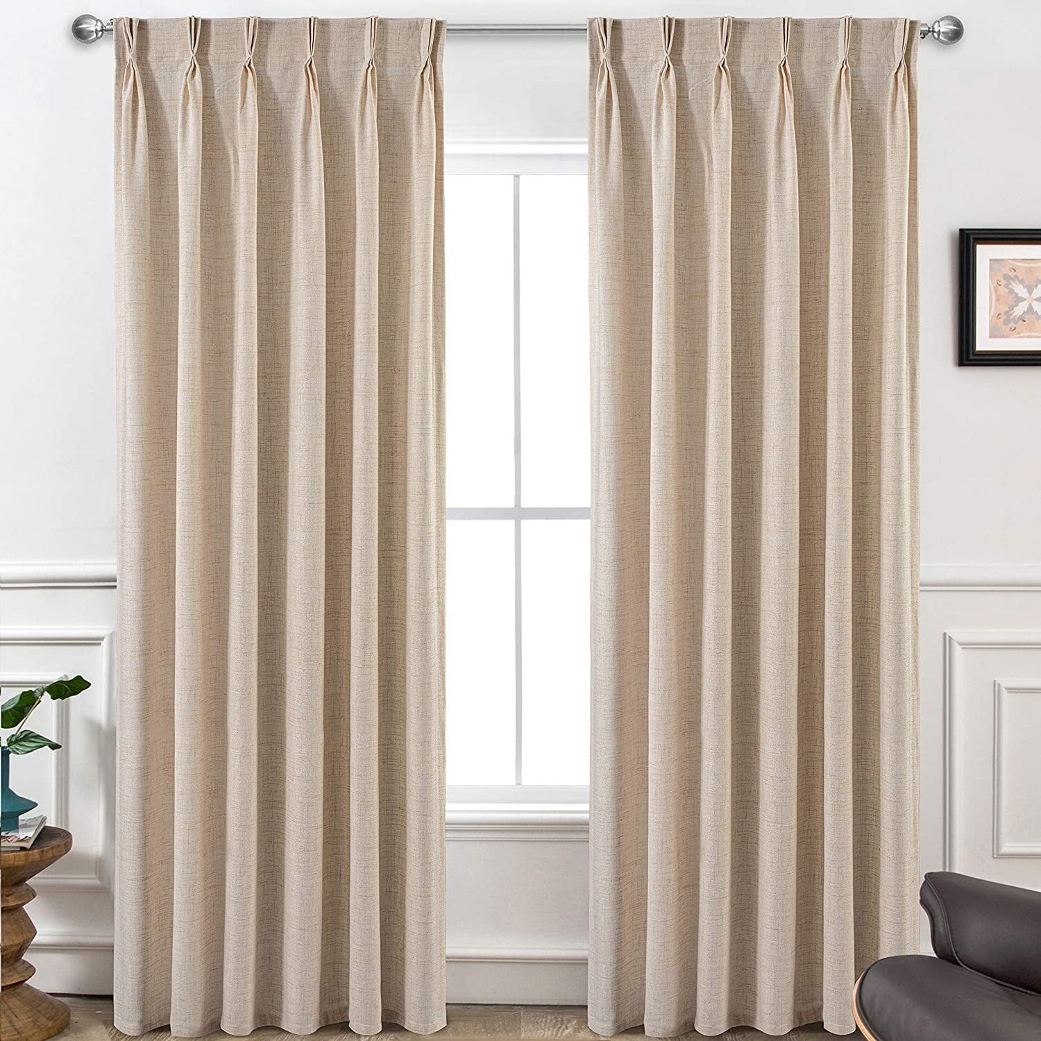 Beige Linen Textured Semi Sheer Pleated Curtain Panels