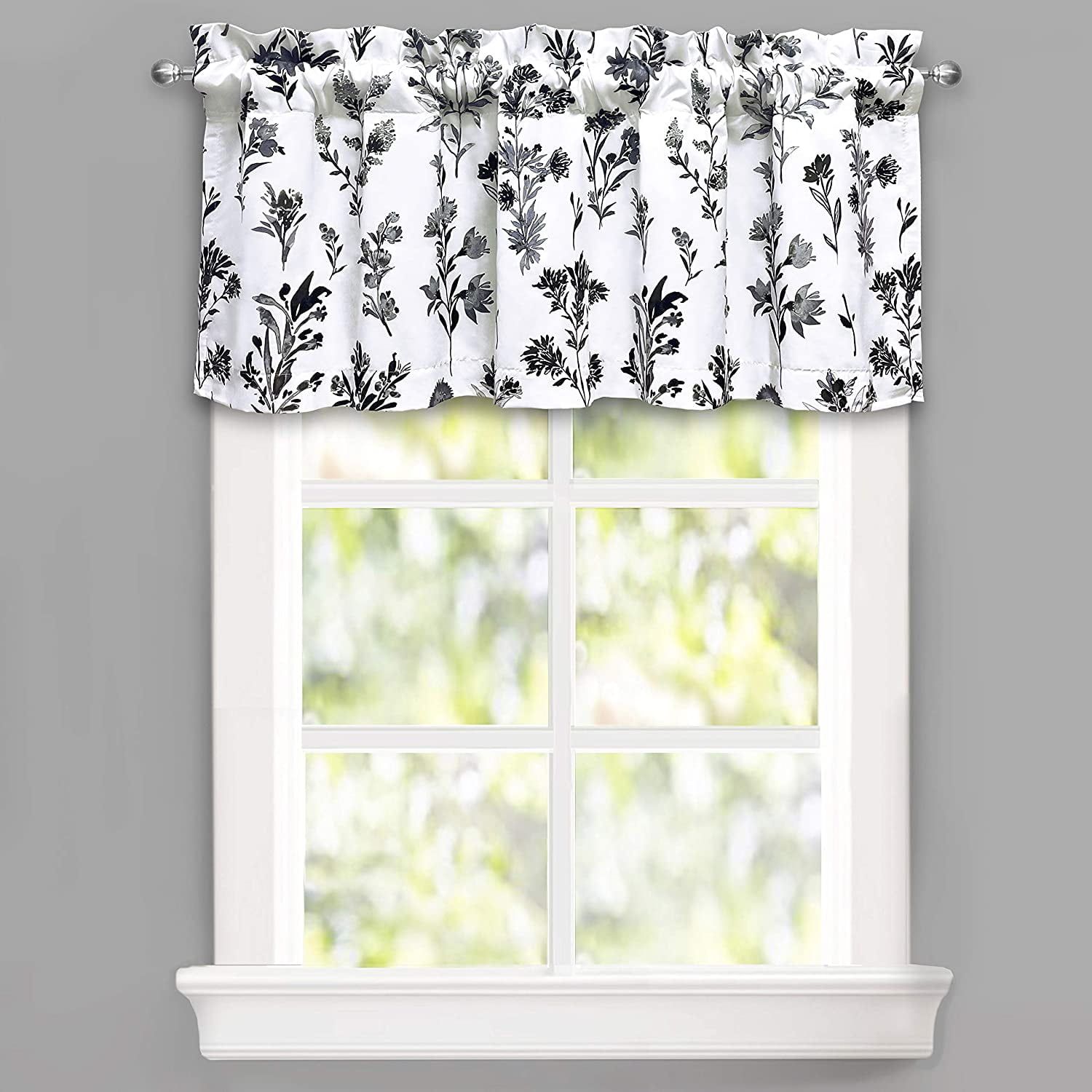 Sylvia Black and White Floral Blackout Valance with Rod Pocket