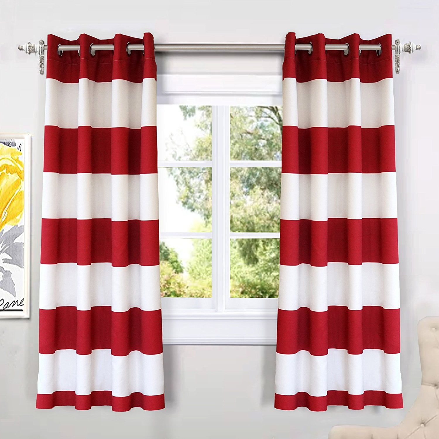 Red and White Striped Room-Darkening Grommet Curtains, 52" x 63"