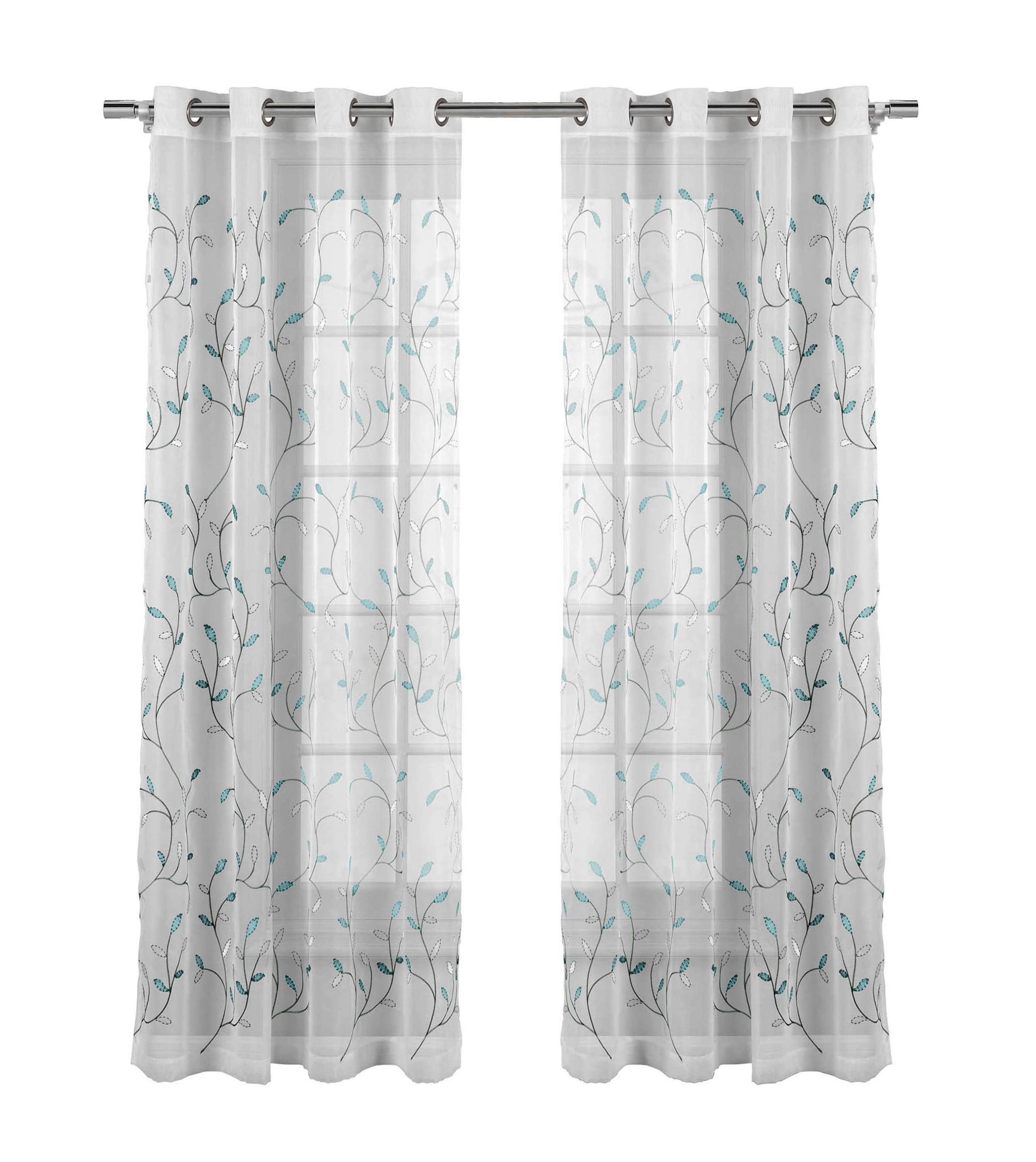 Turquoise and White Embroidered Sheer Grommet Curtain Panel 54" x 84"