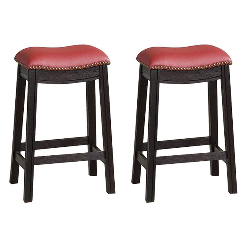 Rustic Saddle-Style 24" Wood & Leather Bar Stool in Wine Red