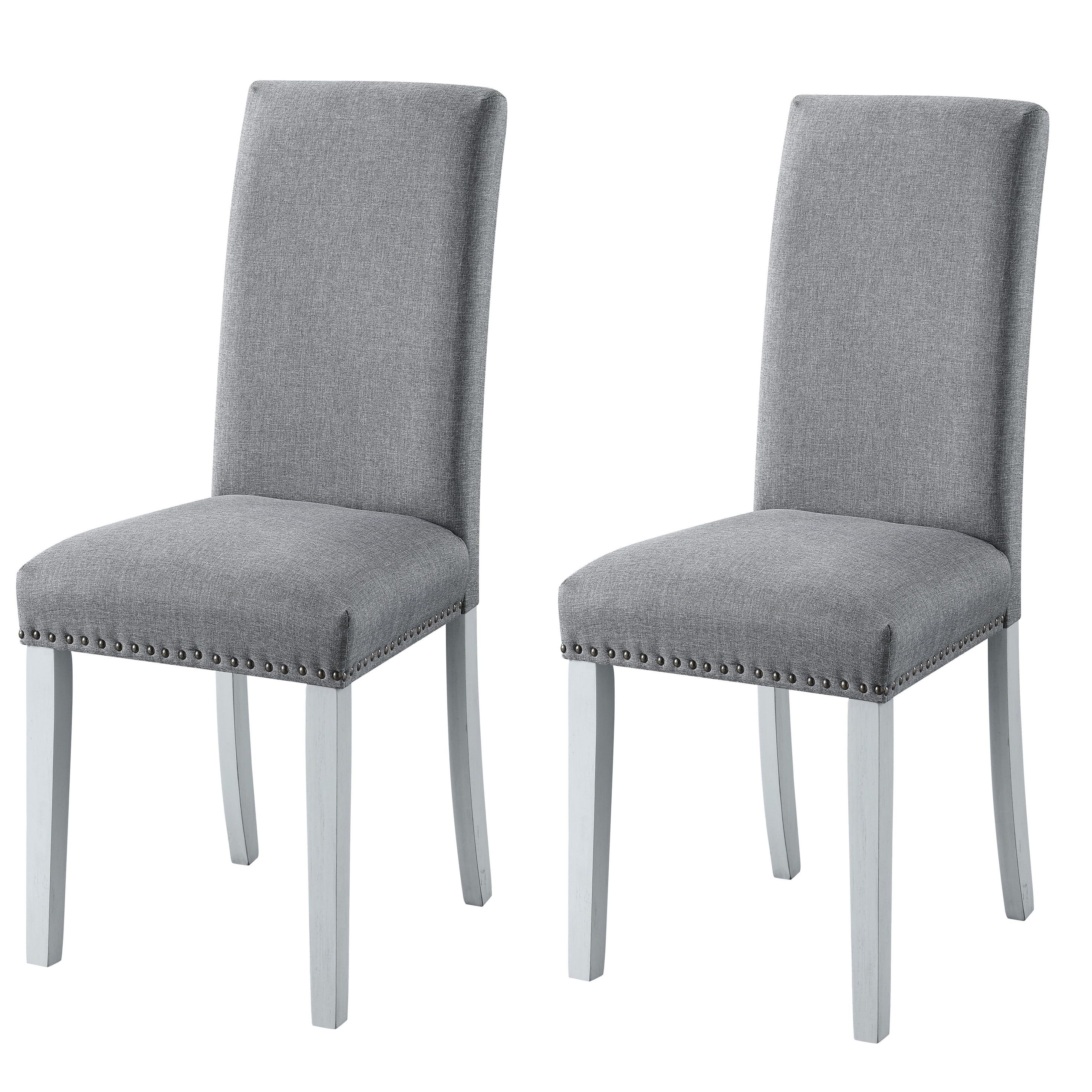 Gray Linen Upholstered Side Chair with Wood Legs, Set of 2