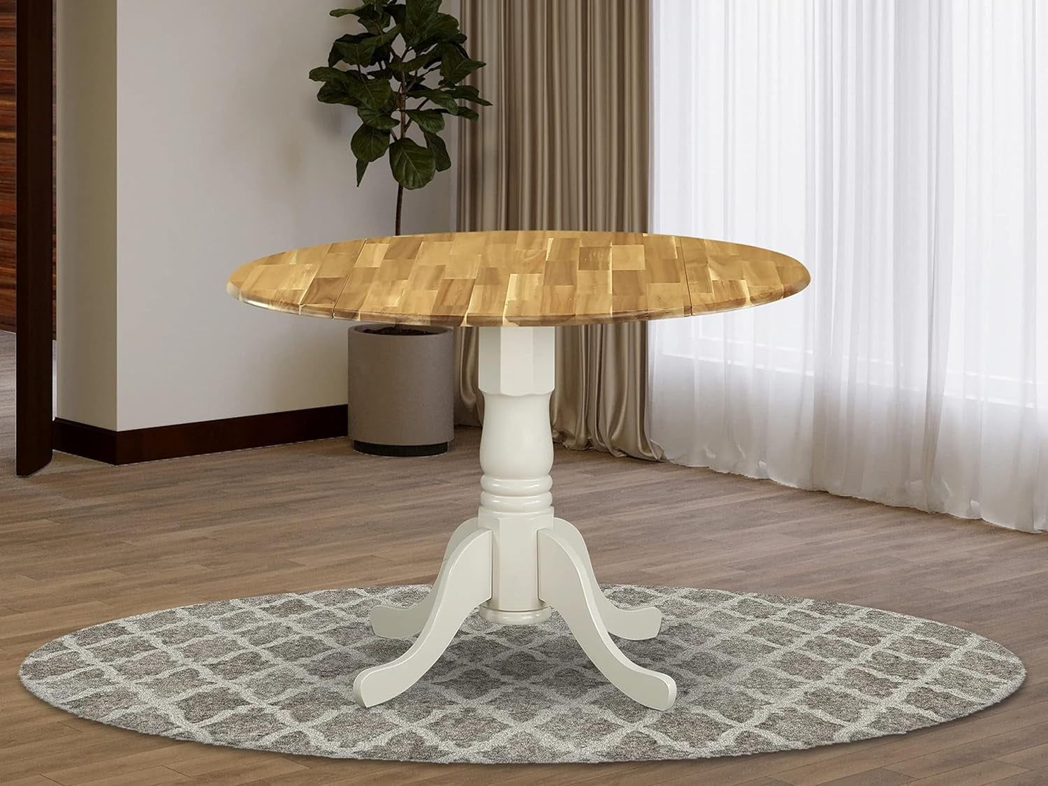 Linen White and Natural Wood Round Extendable Dining Table