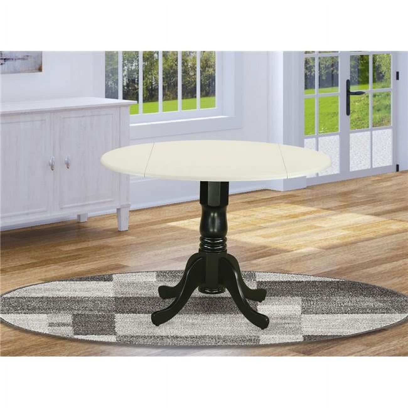 Dublin Pedestal Round Dining Table with Dual Drop Leaves, Linen White & Black