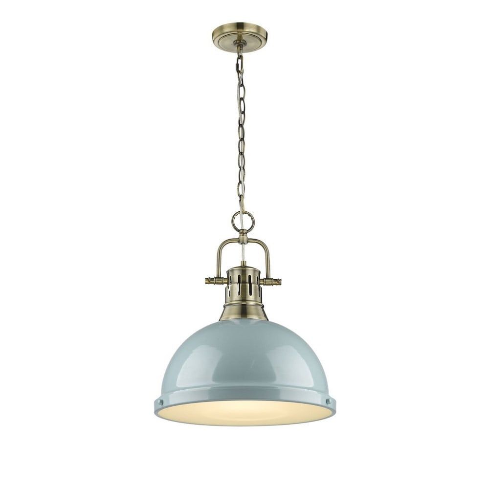 Transitional Aged Brass Large Pendant with Seafoam Glass Shade