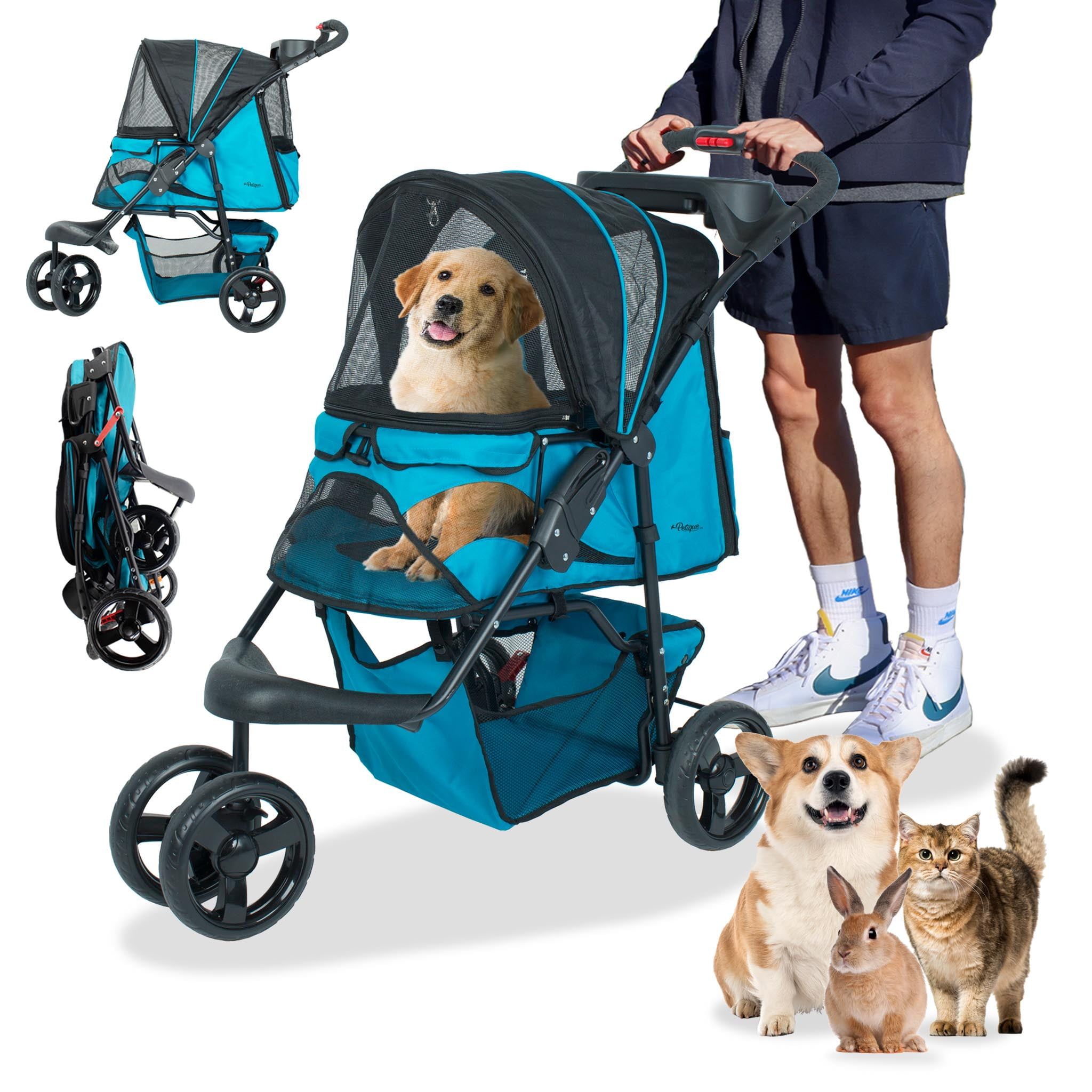 Teal Foldable Pet Stroller with Mesh Canopy